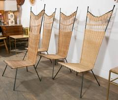 Set of Four Metal and Wicker Slipper Chairs by Raoul Guys, France, 1950