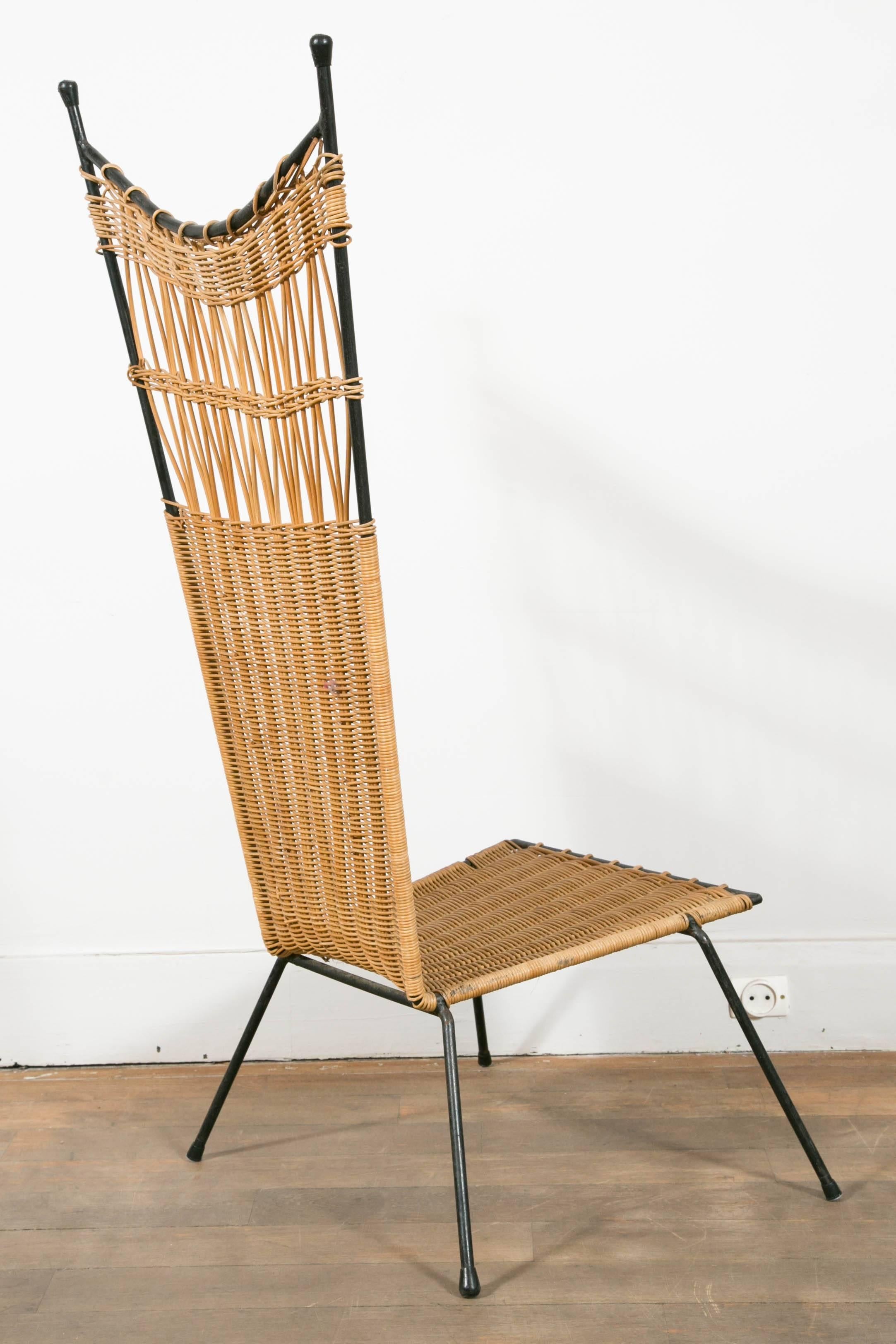 Iron Set of Four Metal and Wicker Slipper Chairs by Raoul Guys, France, 1950