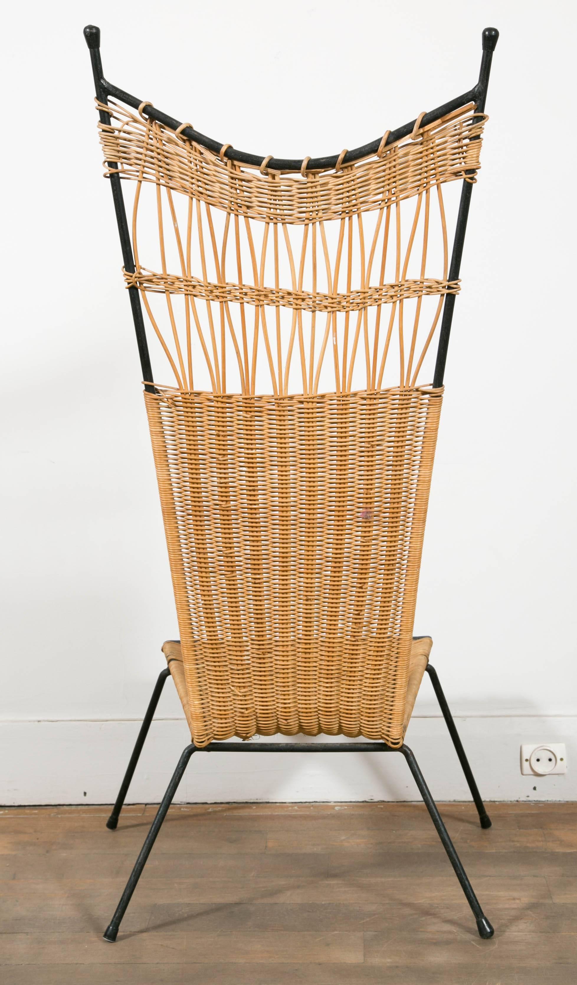 Set of Four Metal and Wicker Slipper Chairs by Raoul Guys, France, 1950 1