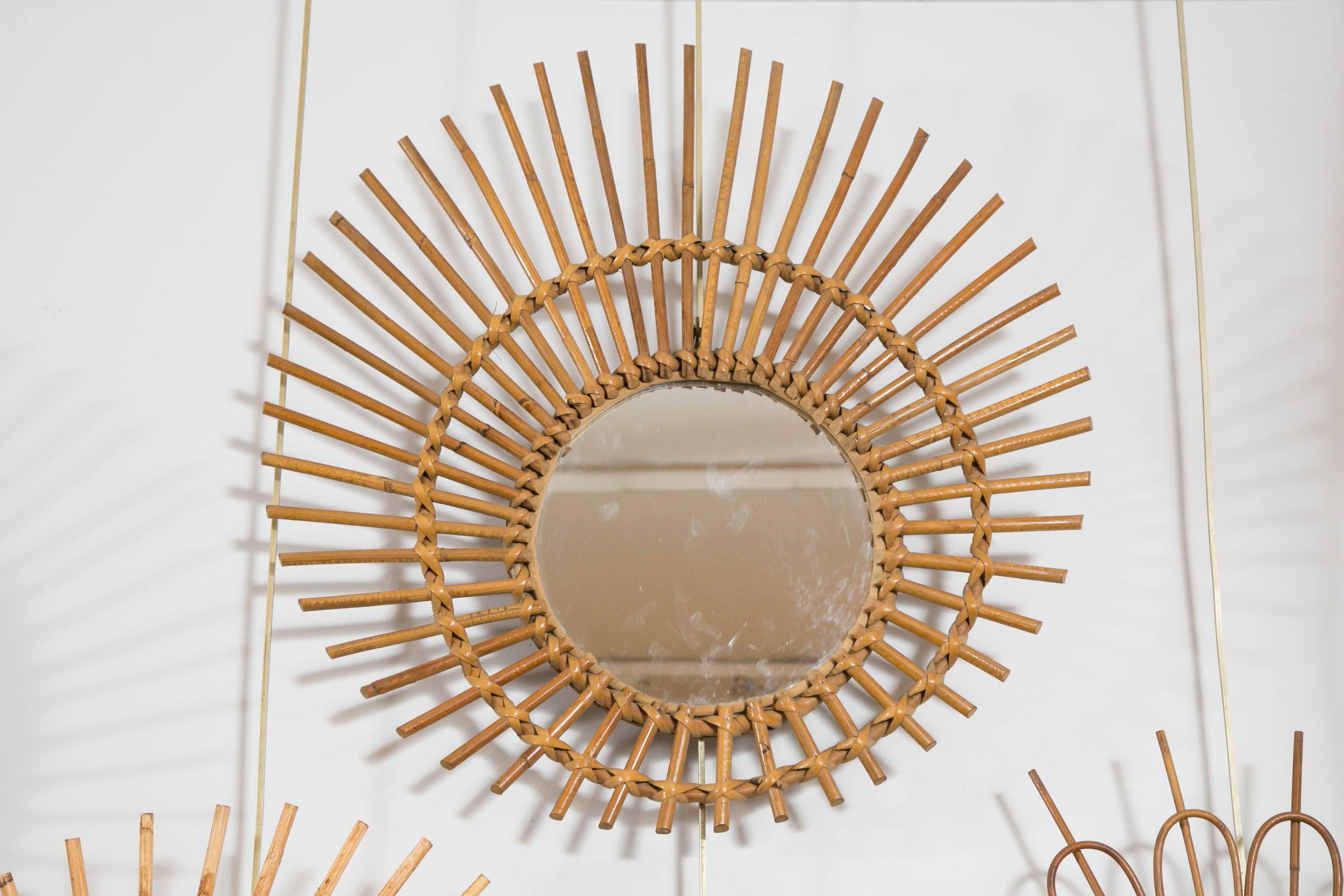 Rustic Collection of Nine Rattan or Wicker Sunburst Mirrors, France or Italy, 1960s