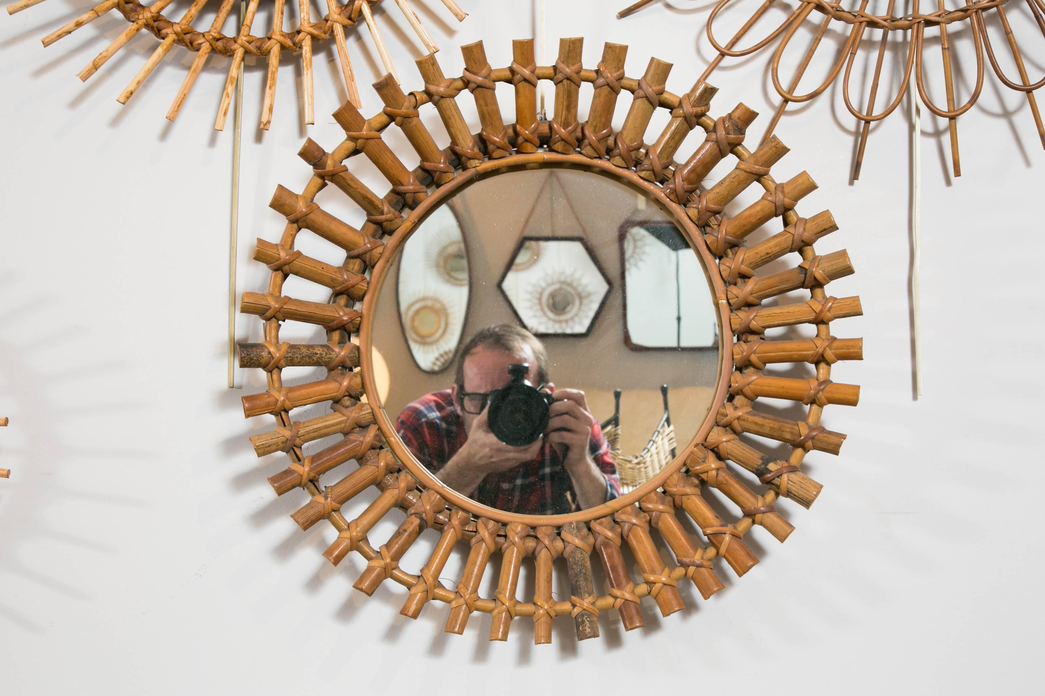 French Collection of Nine Rattan or Wicker Sunburst Mirrors, France or Italy, 1960s