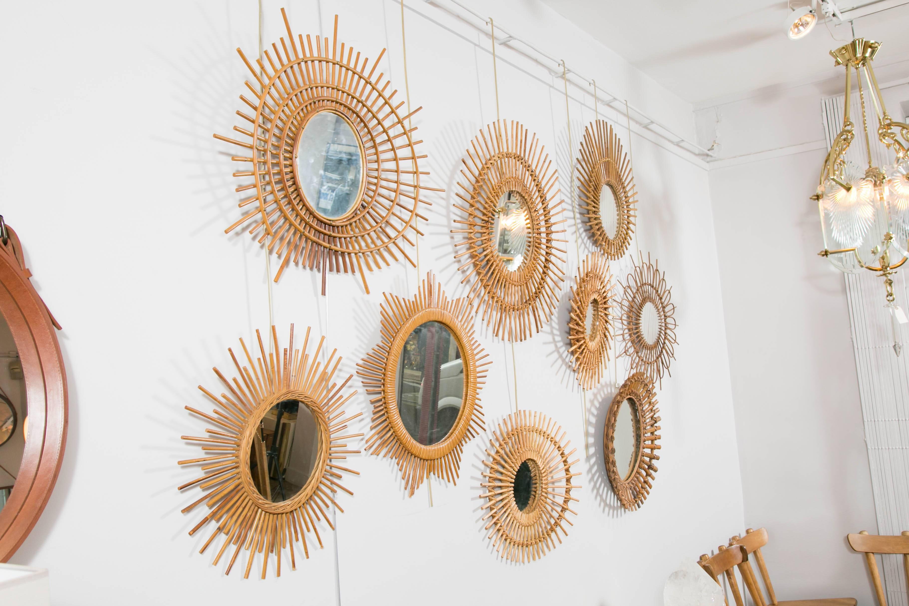Collection of Nine Rattan or Wicker Sunburst Mirrors, France or Italy, 1960s In Excellent Condition In Paris, Ile-de-France