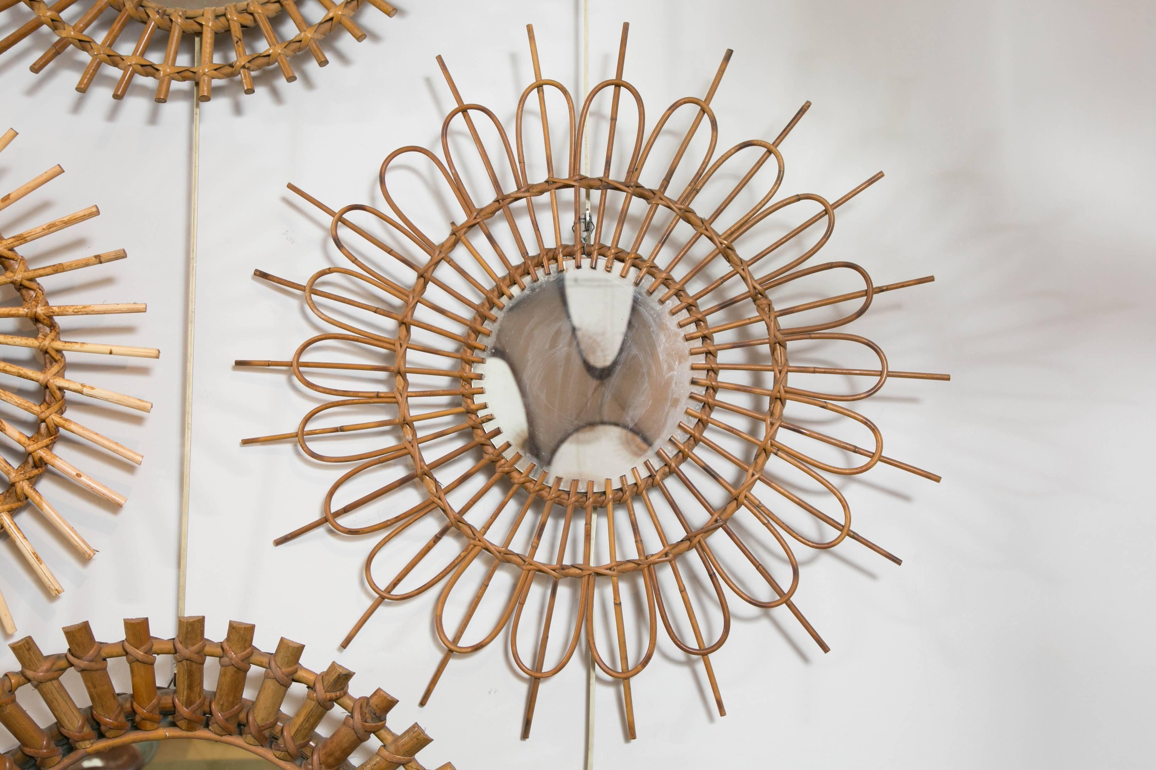 Collection of Nine Rattan or Wicker Sunburst Mirrors, France or Italy, 1960s 1