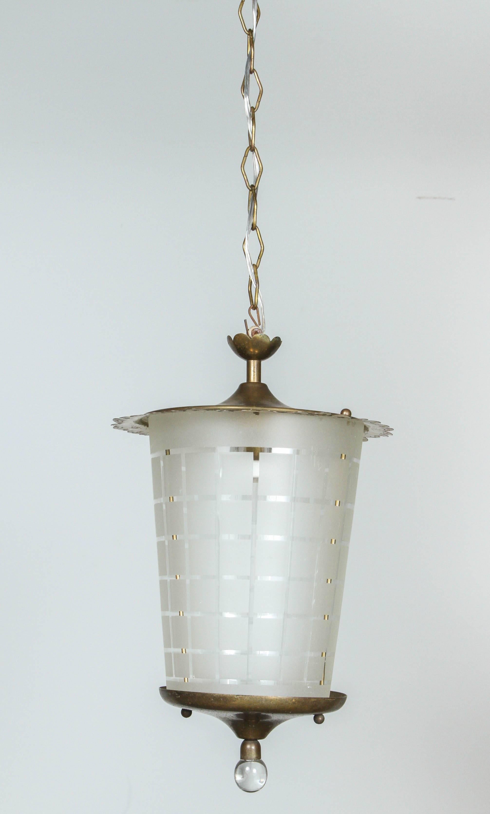Vintage Italian brass and frosted glass lantern with scalloped details.