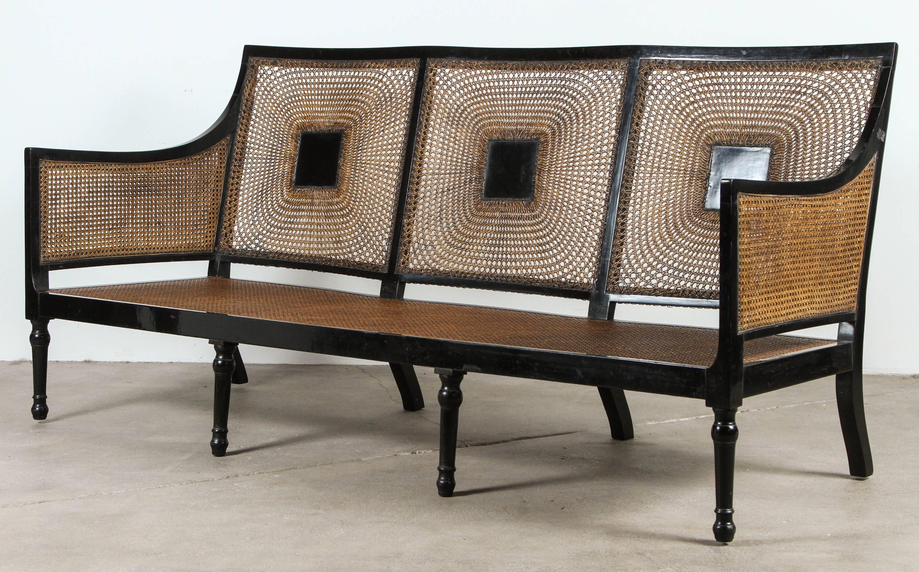 20th Century Italian Black Framed Lacquered Caned Bench