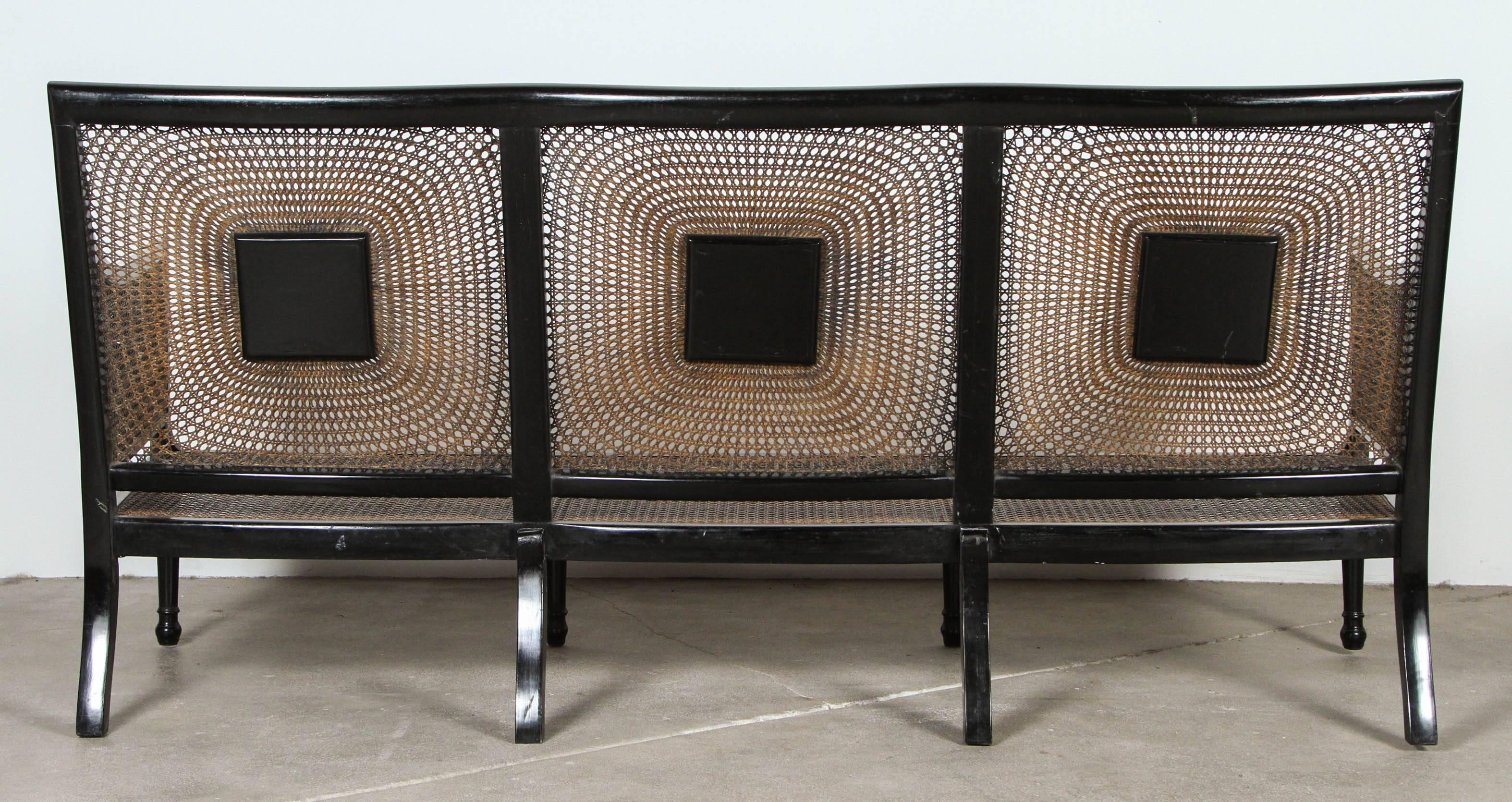 Italian Black Framed Lacquered Caned Bench 4