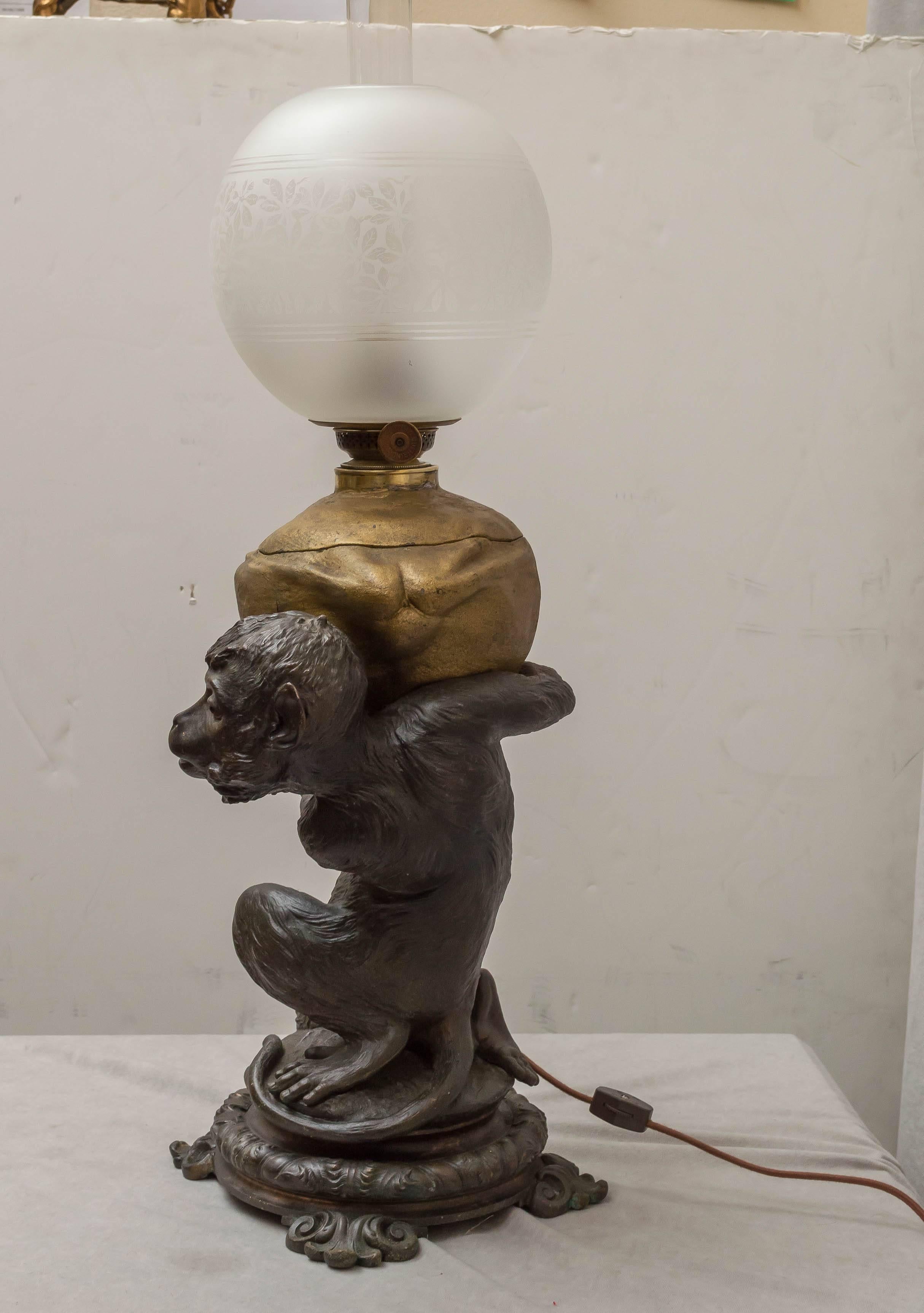 Late 19th Century Kerosene Figural Lamp, Monkey and Coconut