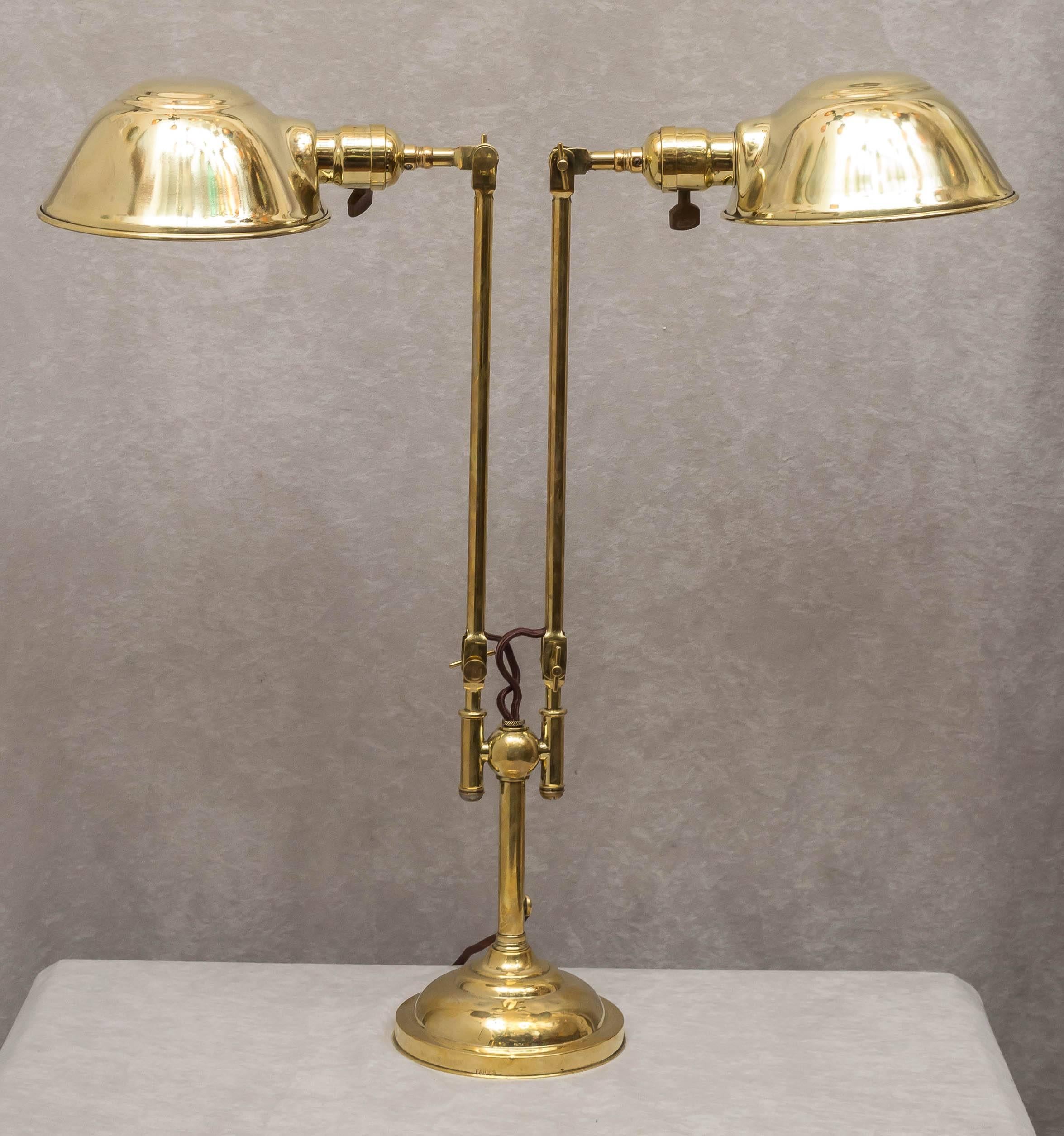 American Rare Early Machine Age Double Arm Brass Lamp, Faries Company, circa 1900