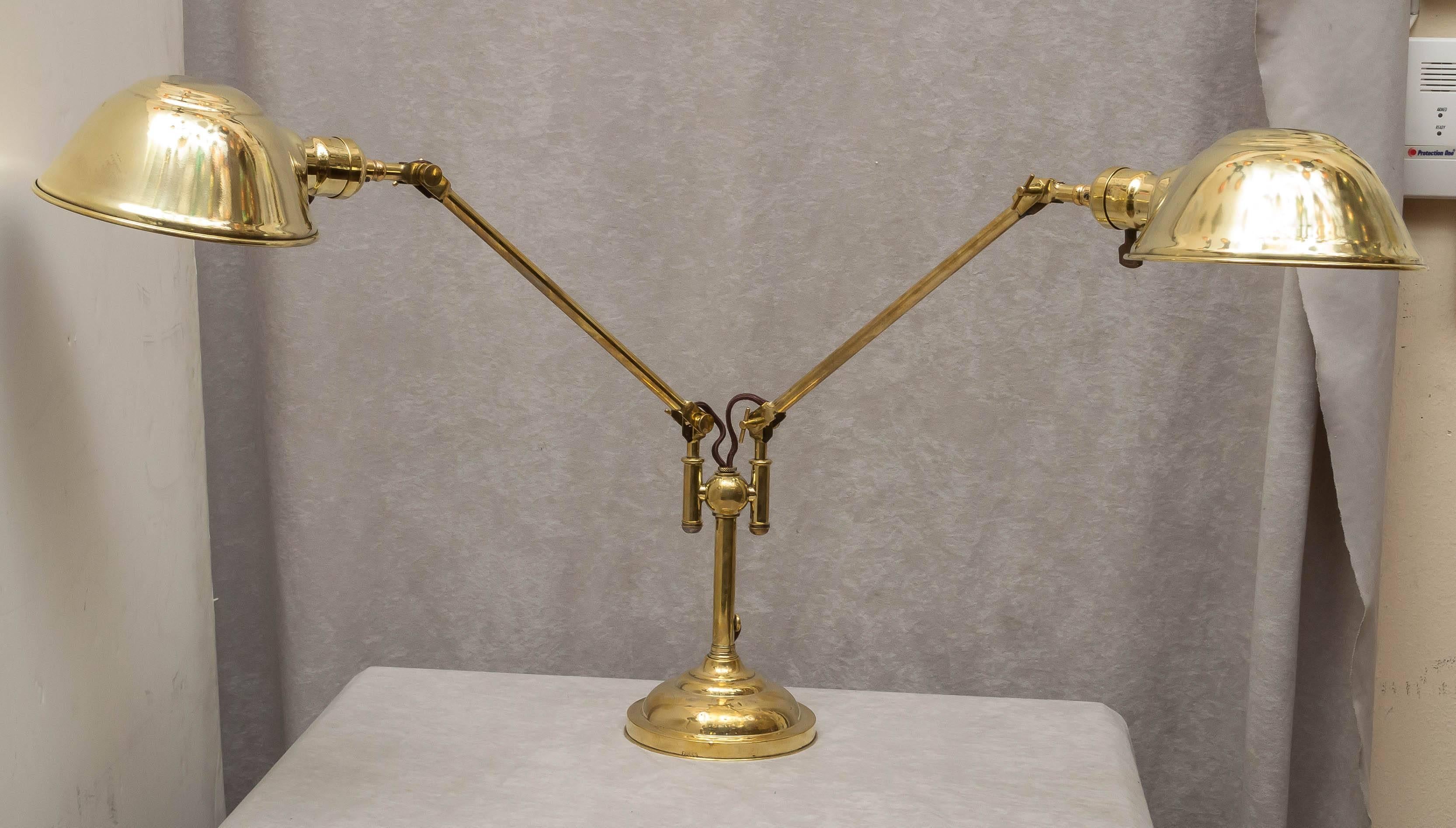 Polished Rare Early Machine Age Double Arm Brass Lamp, Faries Company, circa 1900