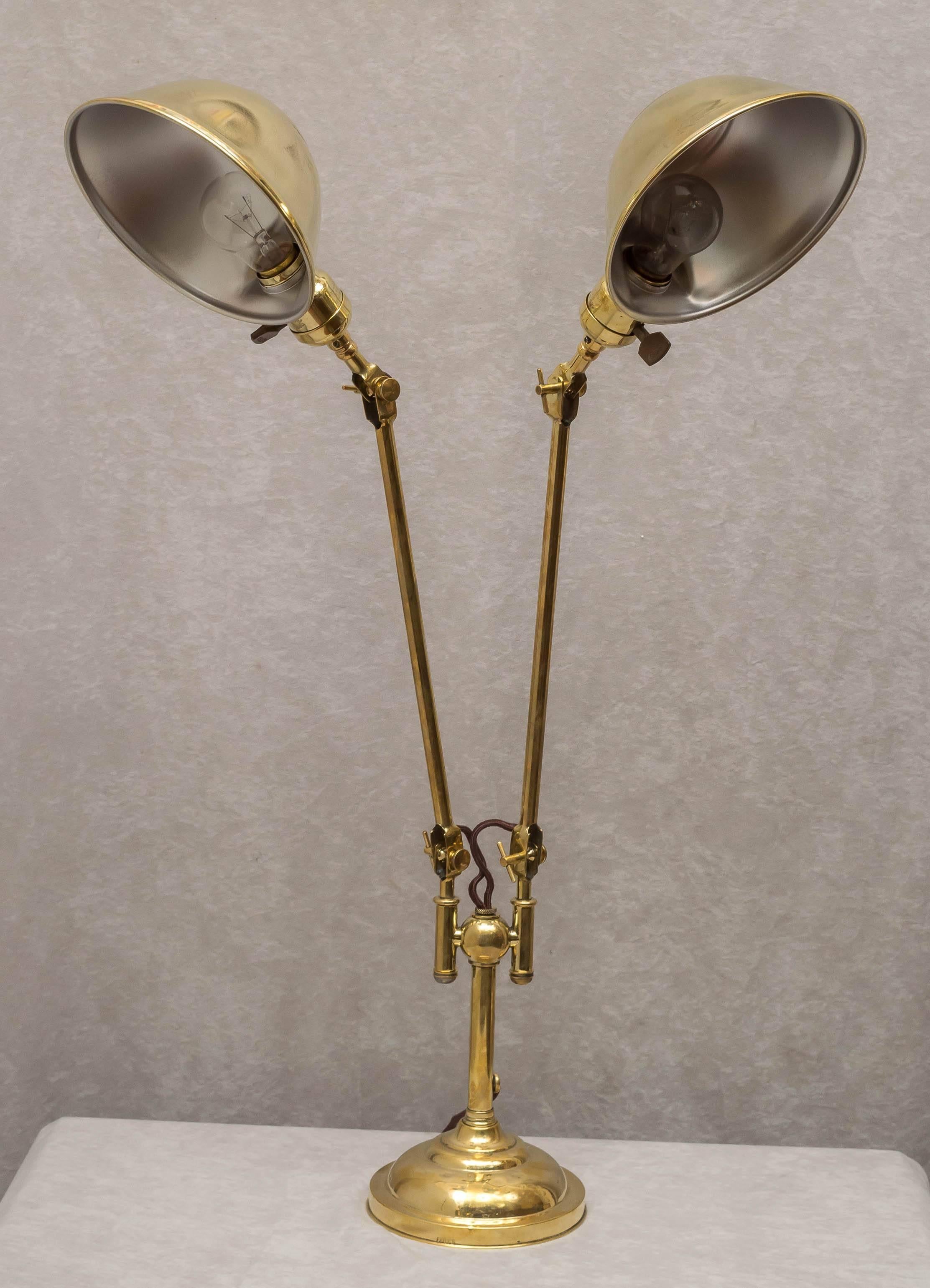 Early 20th Century Rare Early Machine Age Double Arm Brass Lamp, Faries Company, circa 1900