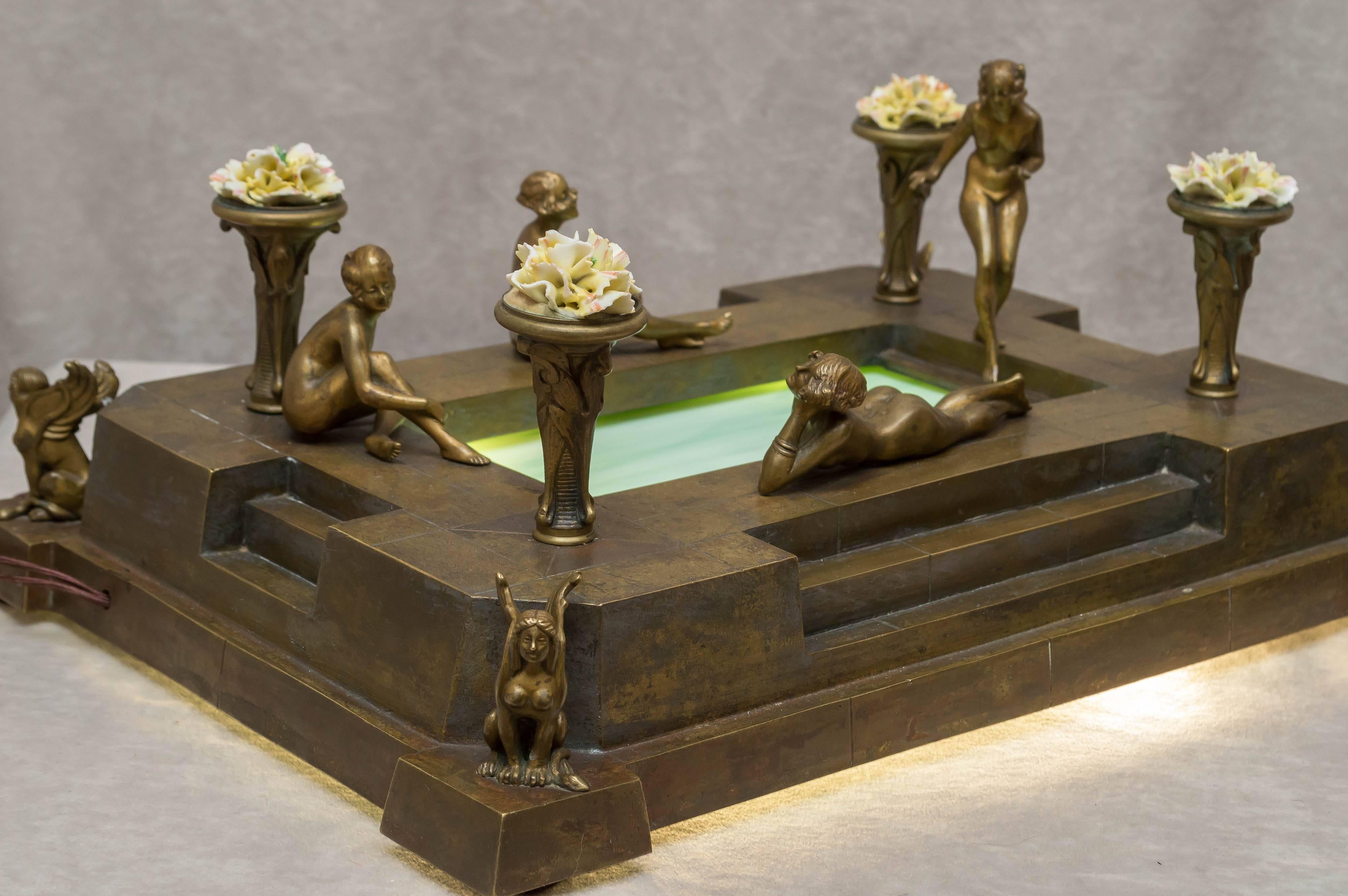 Vienna Bronze Group, Four Nudes Surrounding Illuminated Swimming Pool In Excellent Condition In Petaluma, CA