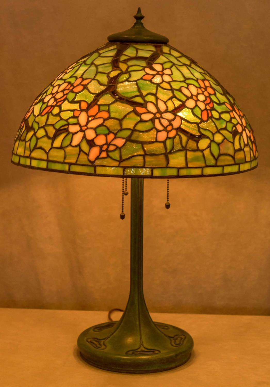 Full Floral "Apple Blossom" Leaded Glass Table Lamp by Unique Art Glass