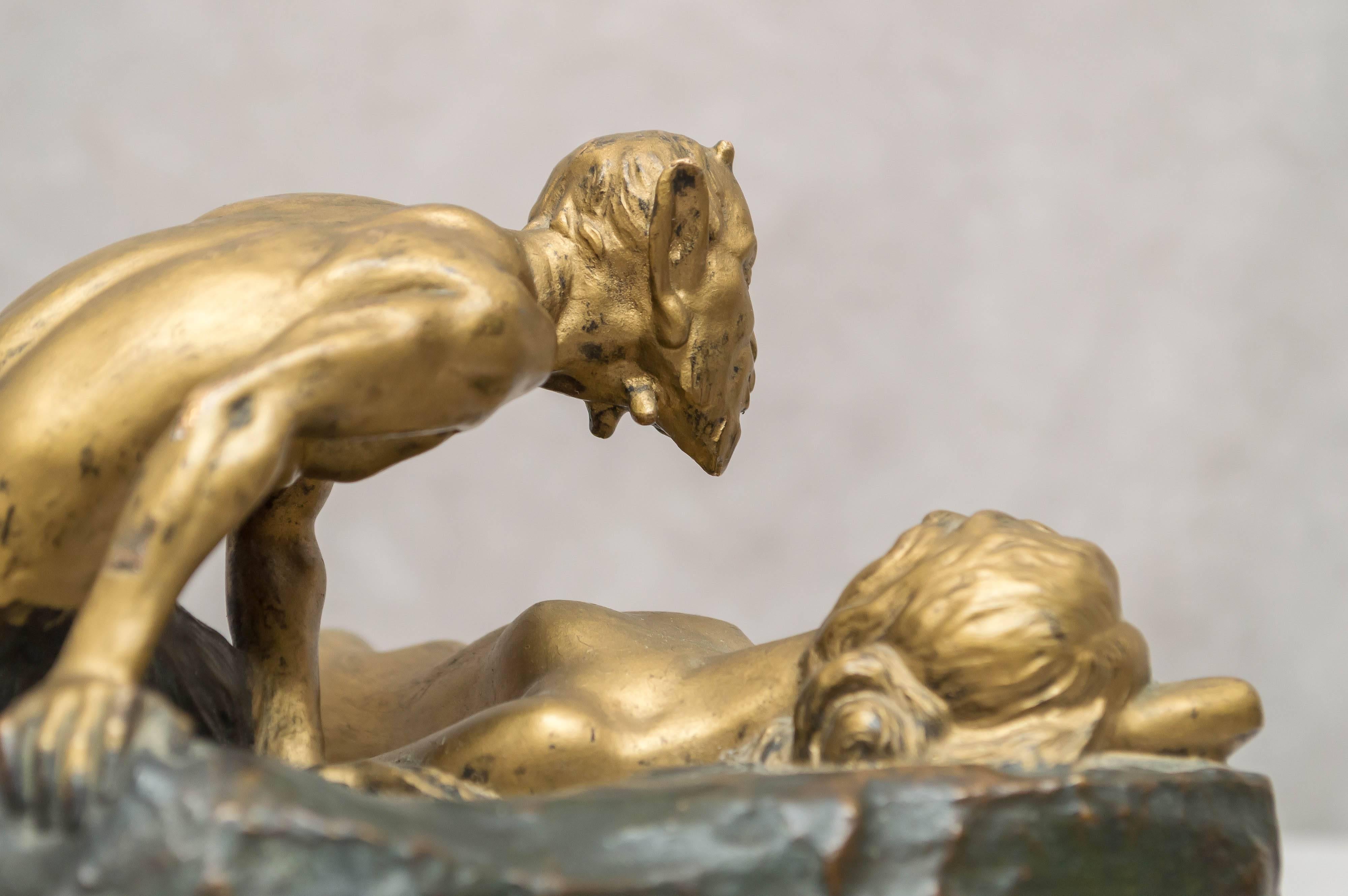 Patinated German Bronze Group, Satyr and Sleeping Nude