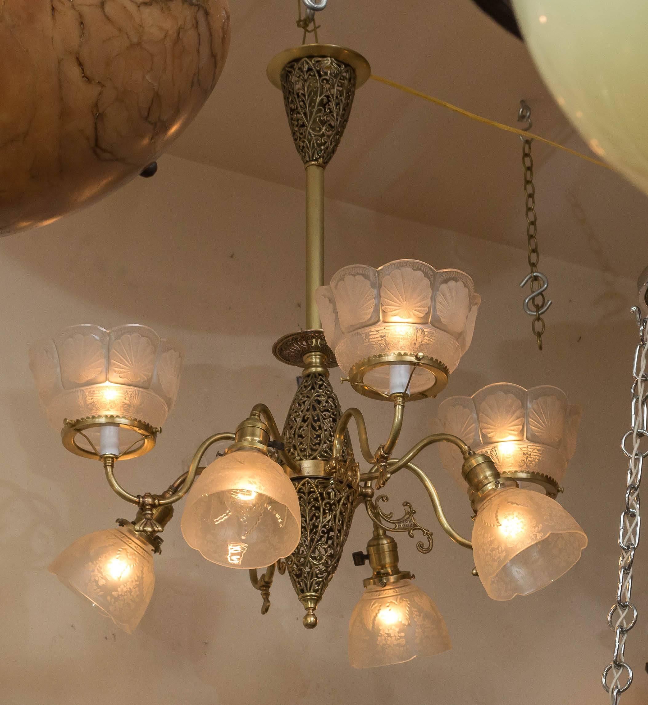 American Late Victorian Six-Arm Combination Gas and Electric Chandelier