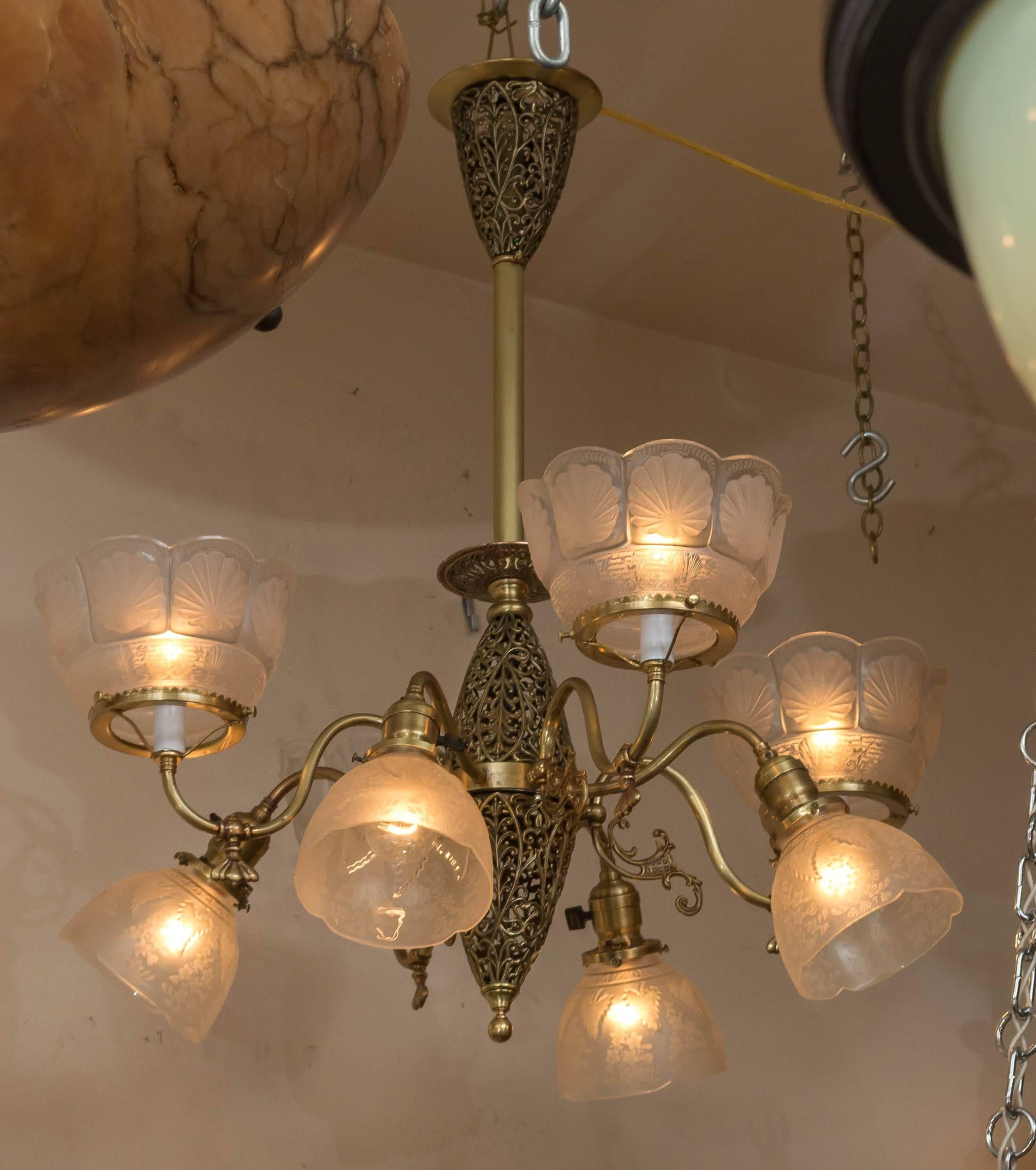 Etched Late Victorian Six-Arm Combination Gas and Electric Chandelier