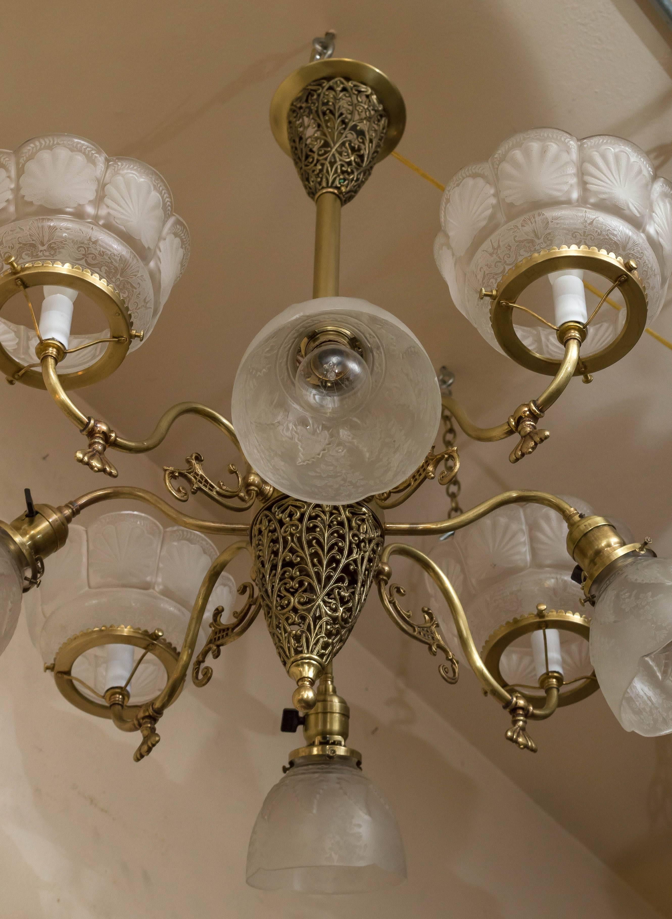 Brass Late Victorian Six-Arm Combination Gas and Electric Chandelier