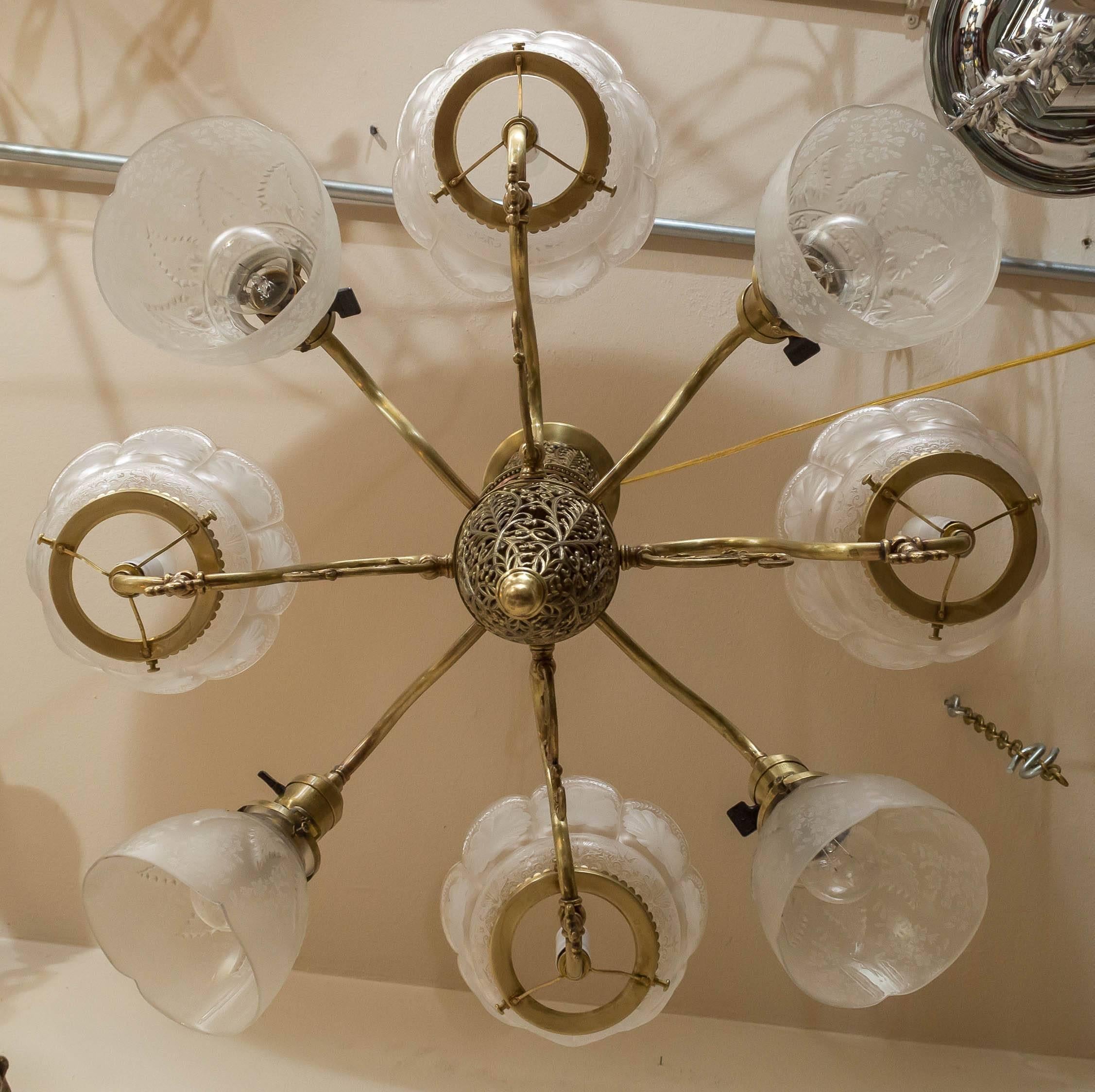 Late Victorian Six-Arm Combination Gas and Electric Chandelier 1