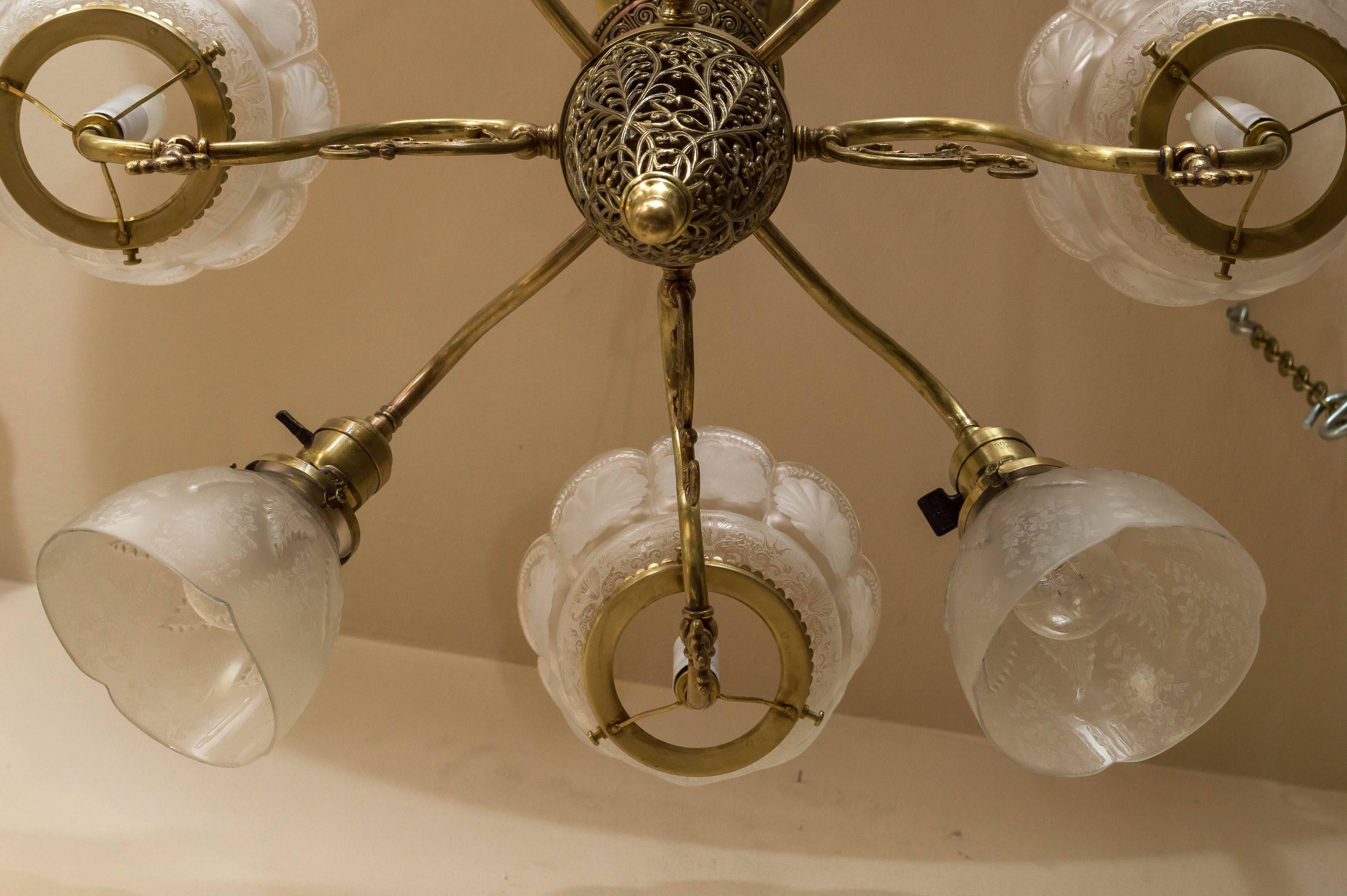 Late Victorian Six-Arm Combination Gas and Electric Chandelier 2