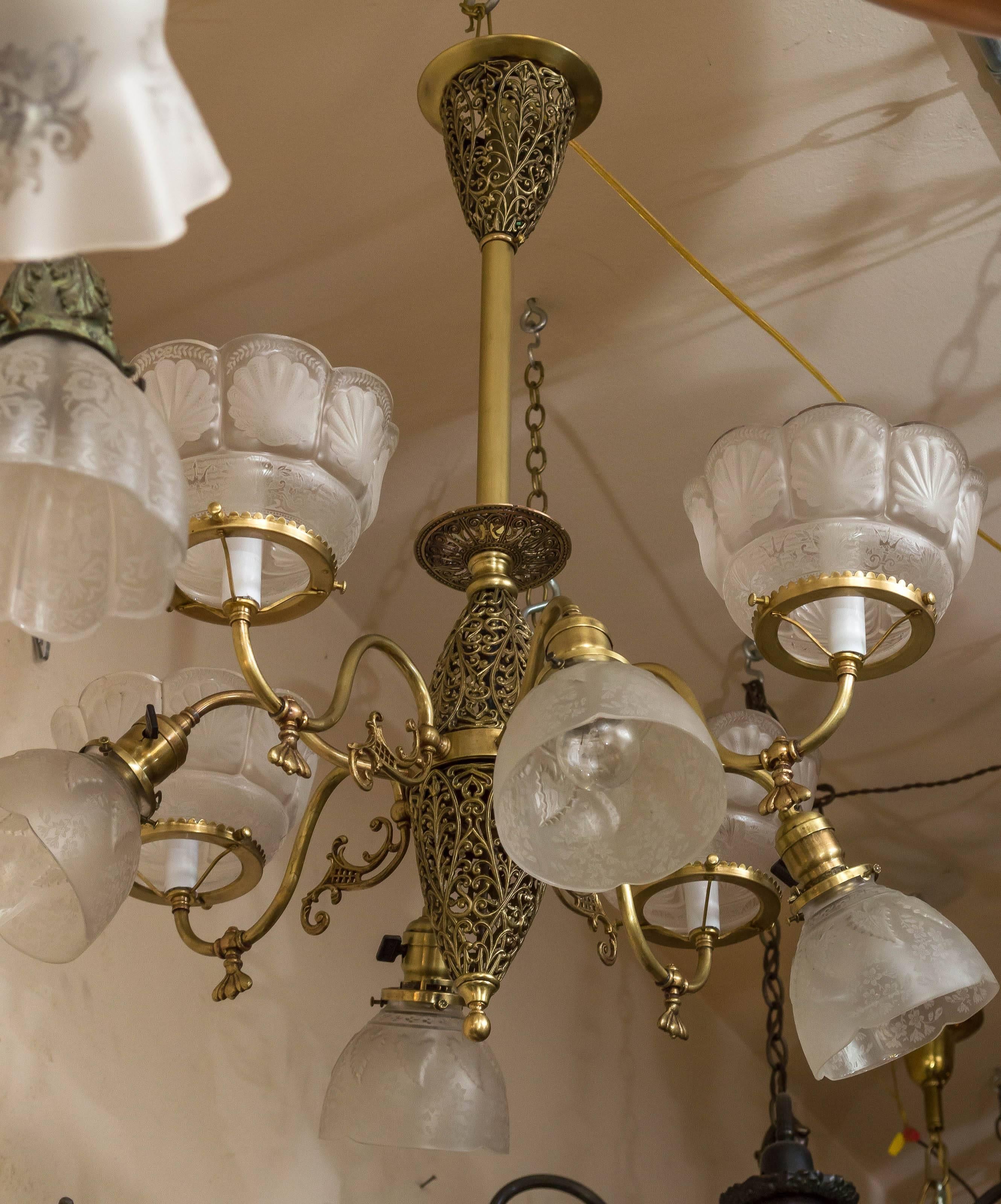 Late Victorian Six-Arm Combination Gas and Electric Chandelier 3