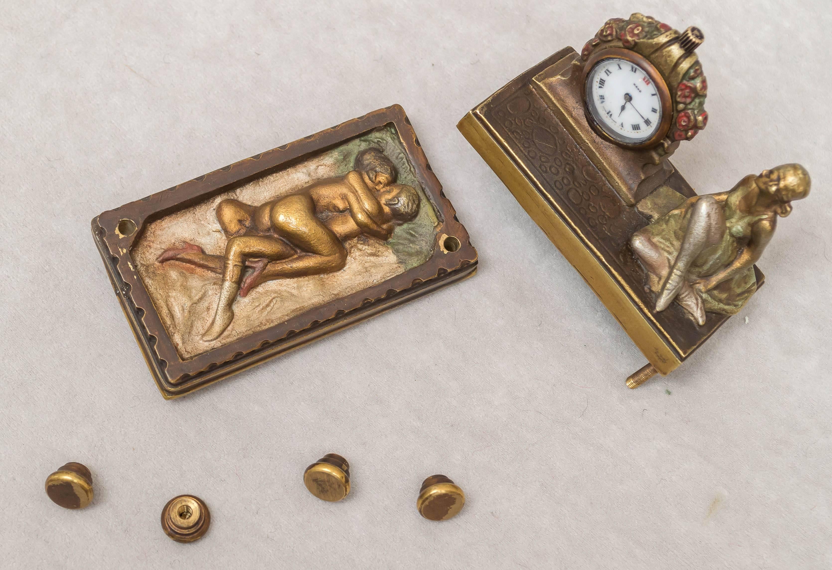 Patinated Erotic Hidden Bronze with Clock ca. 1920s