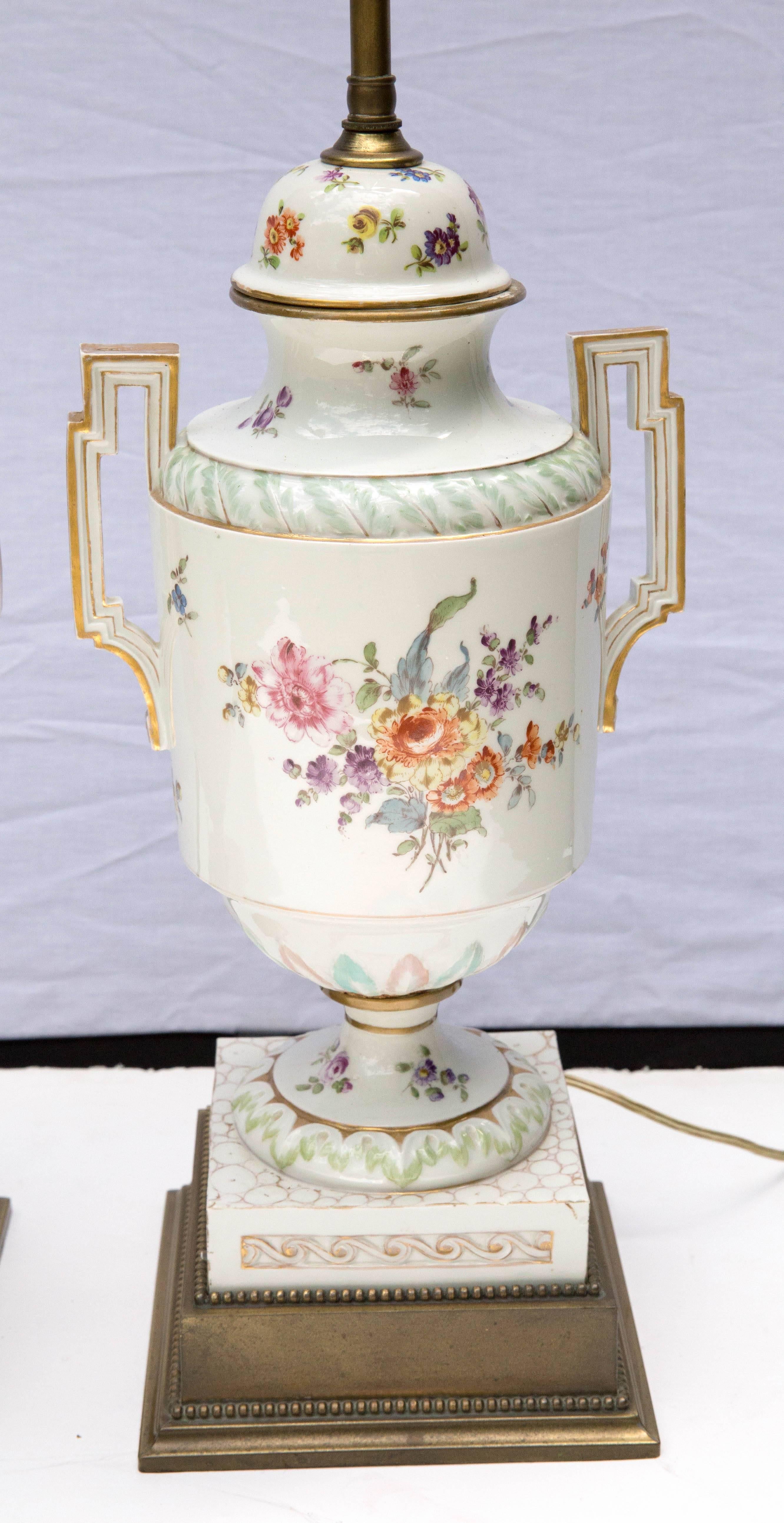 Painted Pair of Neoclassical French Porcelain Urns as Table Lamps