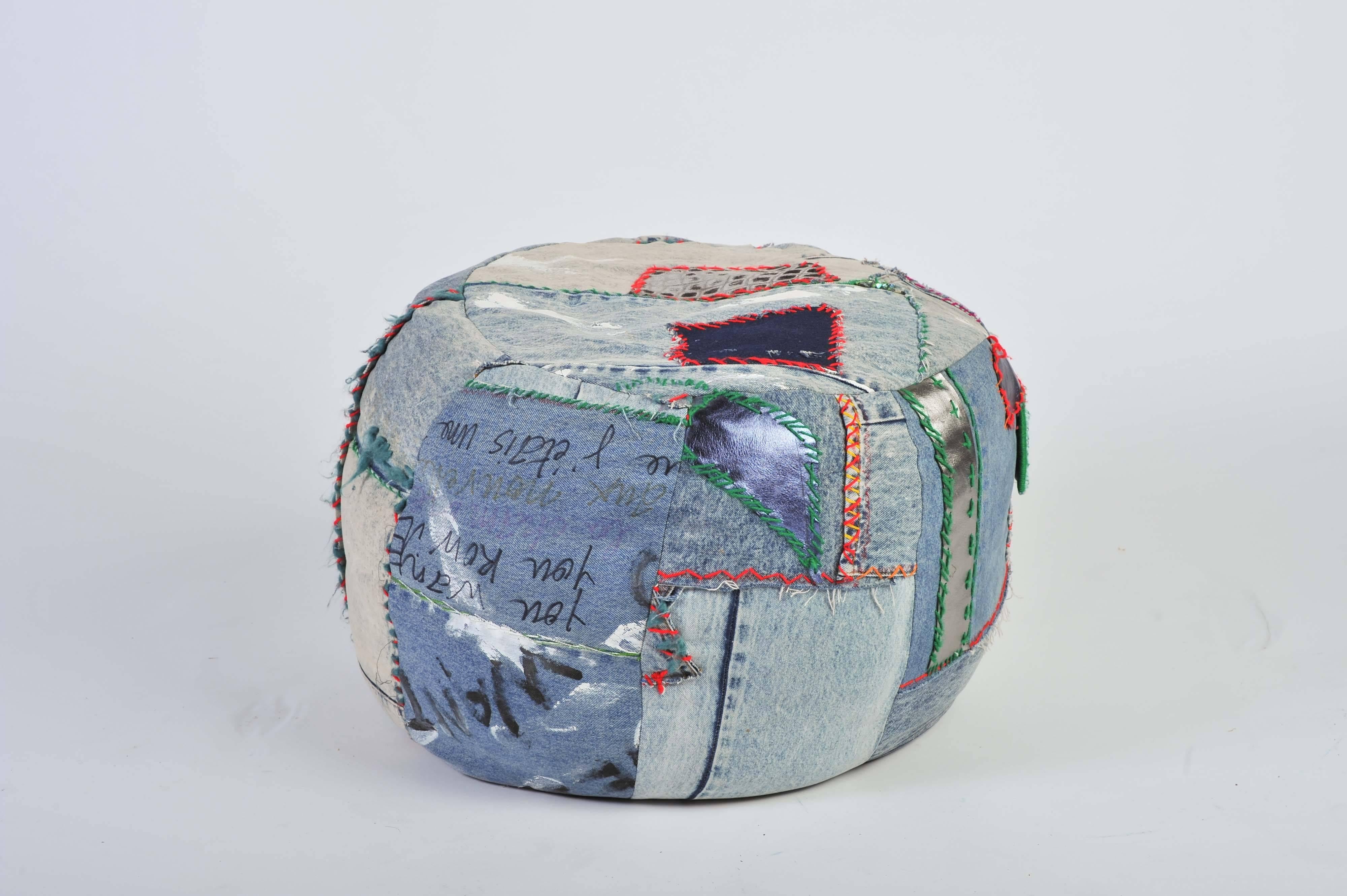 A vintage denim (pouf) art piece by Breaad, comprising of 1970s vintage denim, leather, paint and crystals.
At Breaad, we have put together a range of artistic poufs that complement a unique interior. including floor cushions, footstools, Ottomans