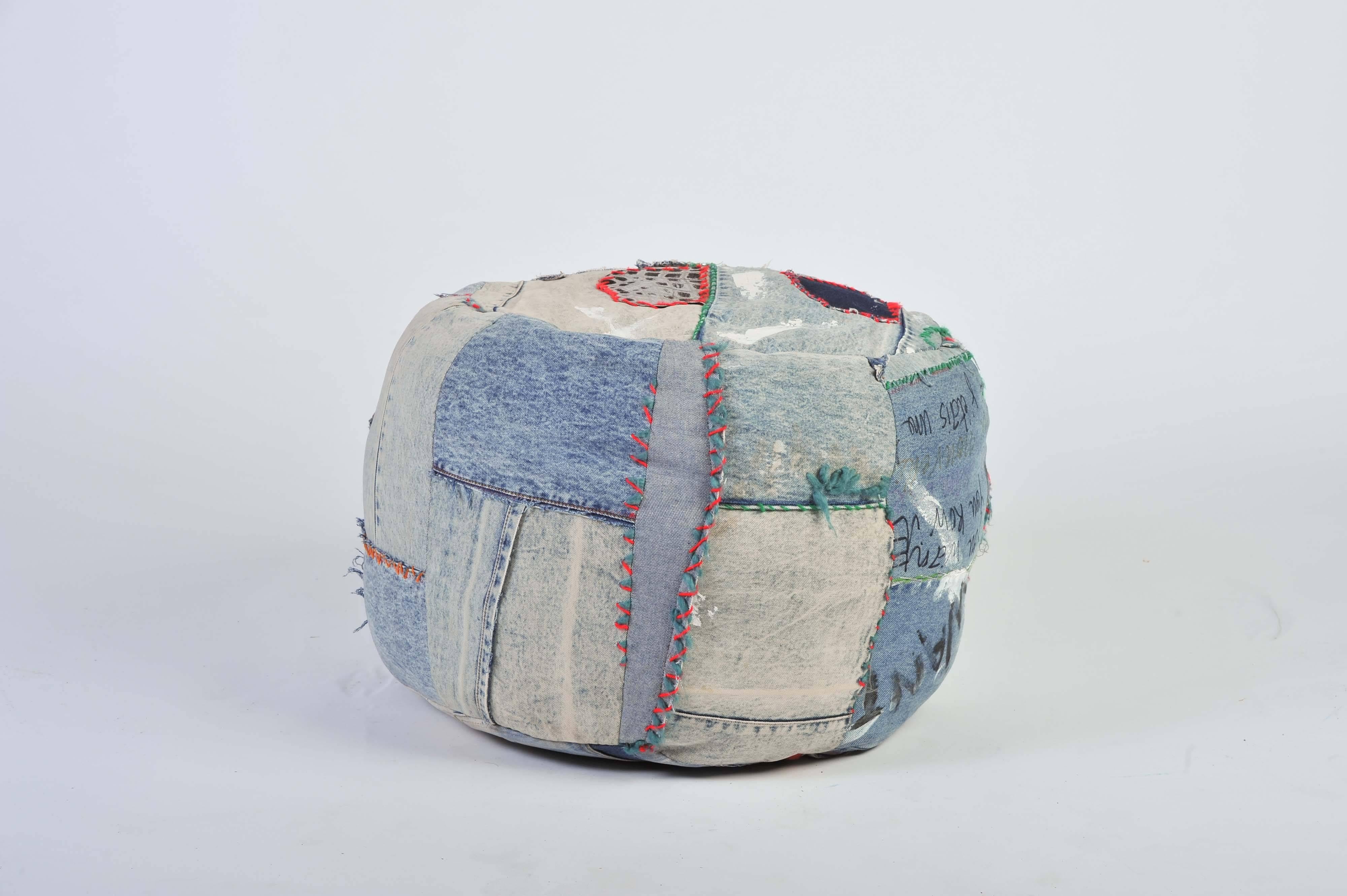 Industrial Pouf, Ottomans, Floor cushions, Vintage Denim 'Pouf' 'Art Piece' by Breaad