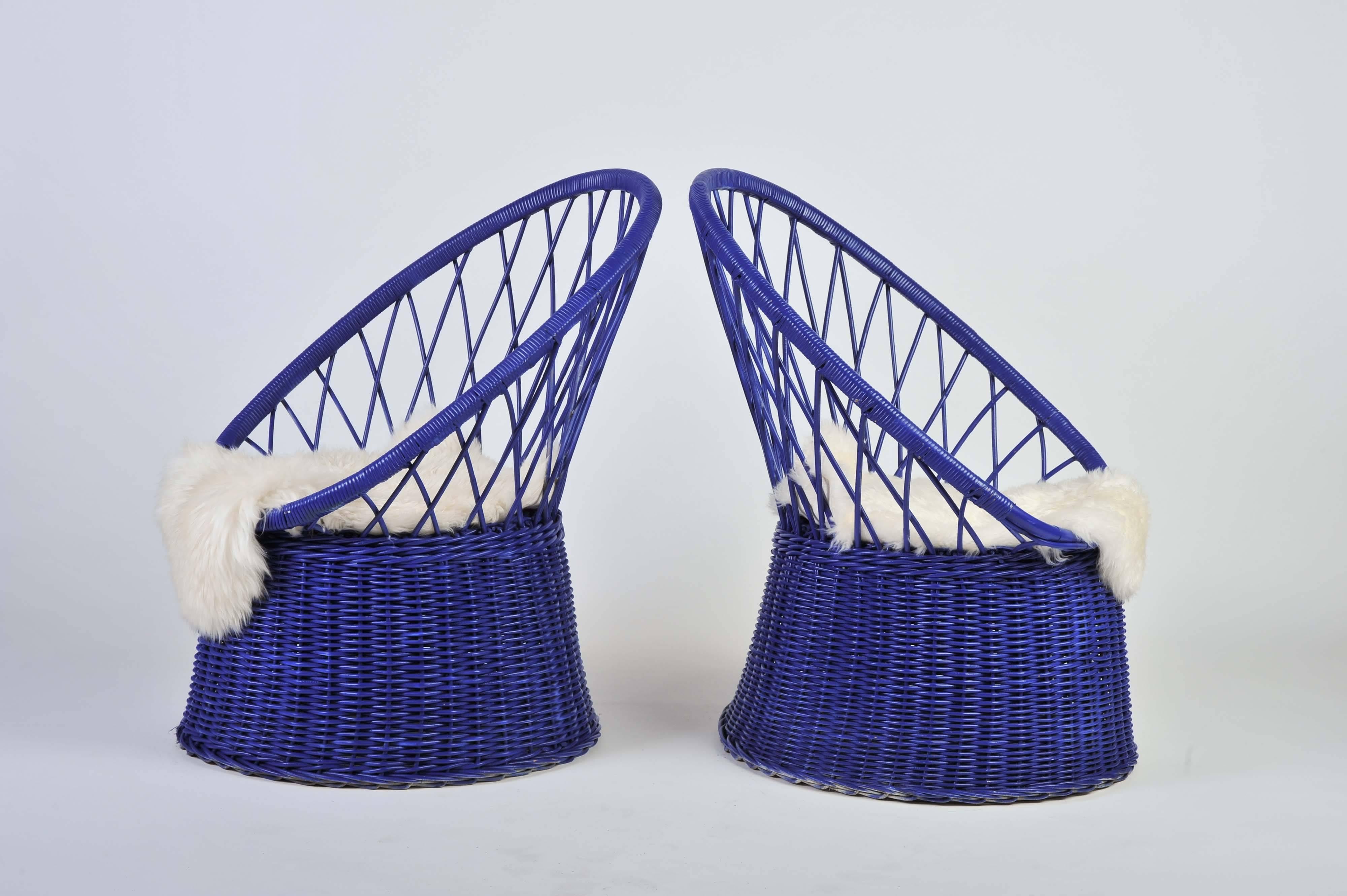 Mid-Century Modern Vintage Pair of 1950s Rattan Royal Blue Club Chairs 
