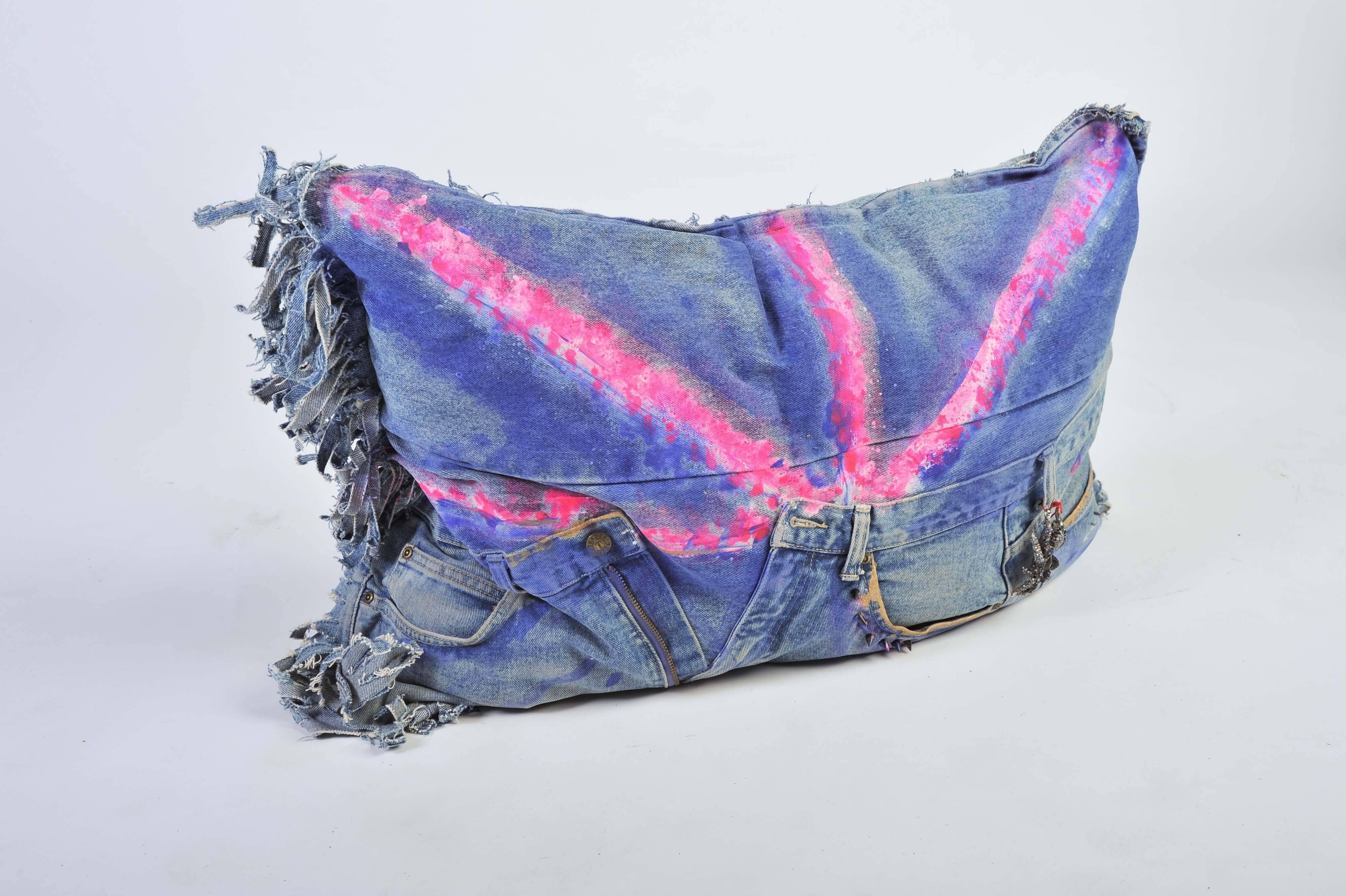 Unique handmade Rock Roll Bohemian Style Cushion. made out of 1970s vintage denim and crystals been added to it. 

Made by Joelle Talmasse. 