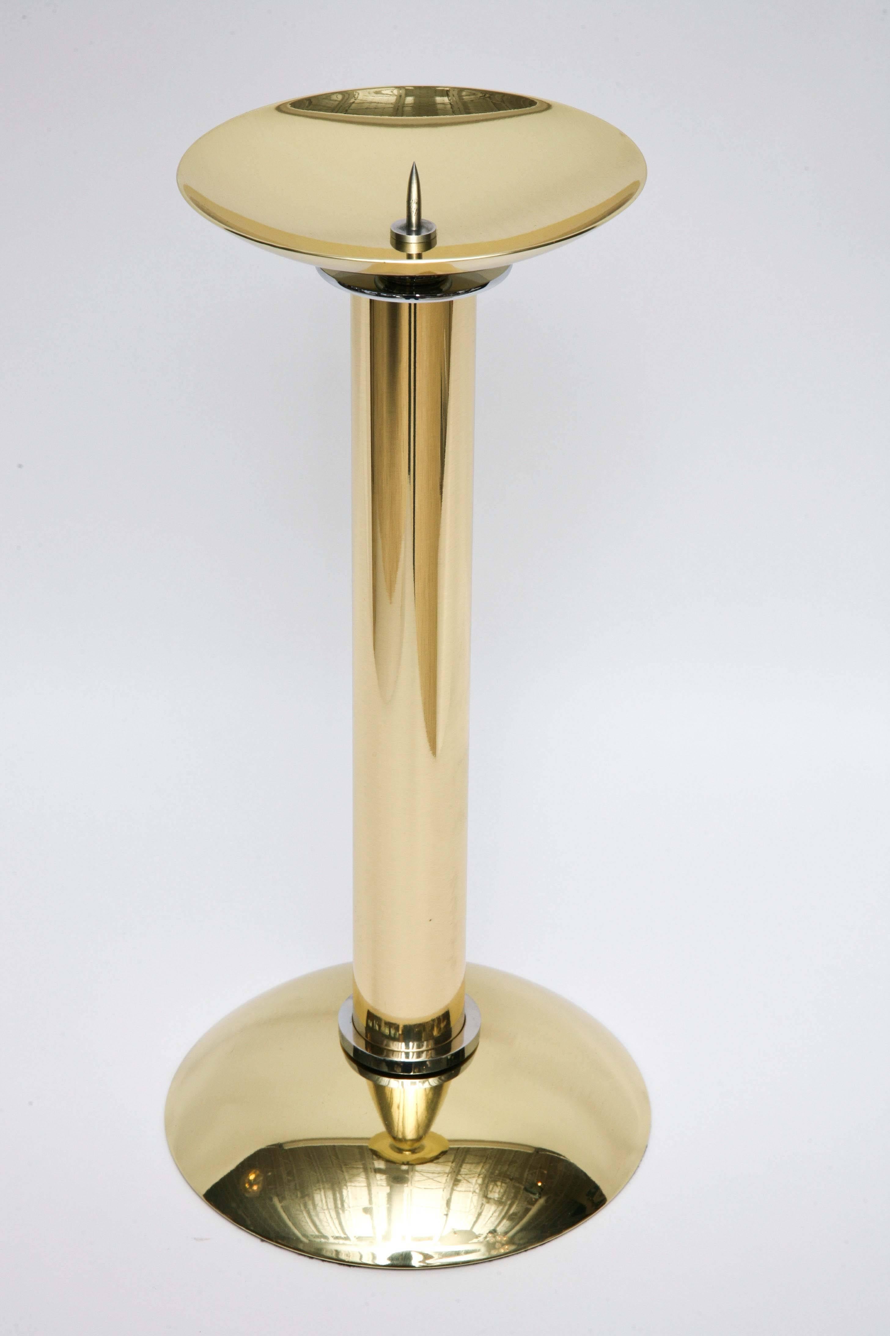 Post-Modern Pair of Polished Brass and Steel Candlesticks by Karl Springer