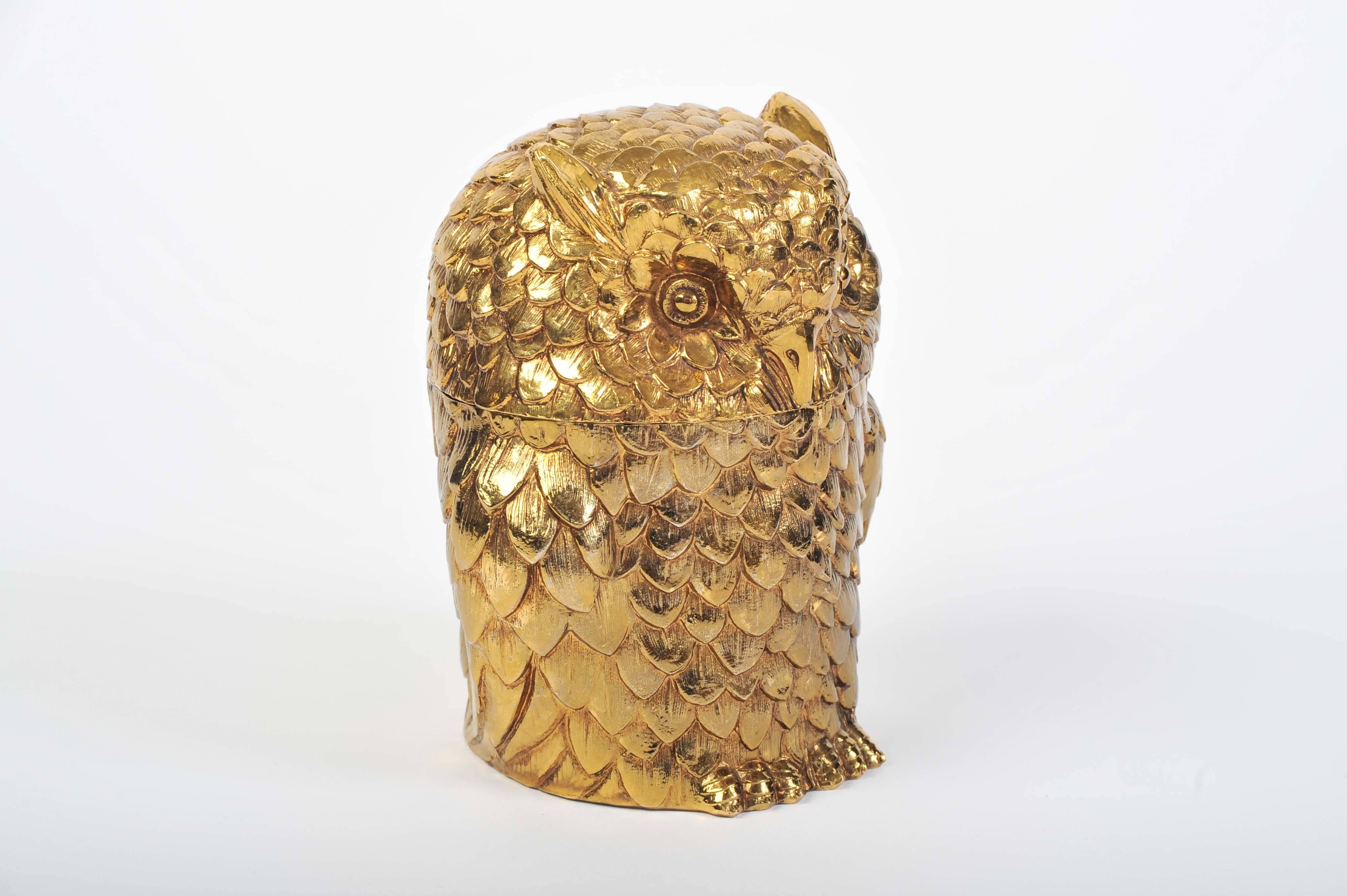 1960s Italian ice bucket, 'gilded' metal, in the form of an owl, designed by Mauro Manetti