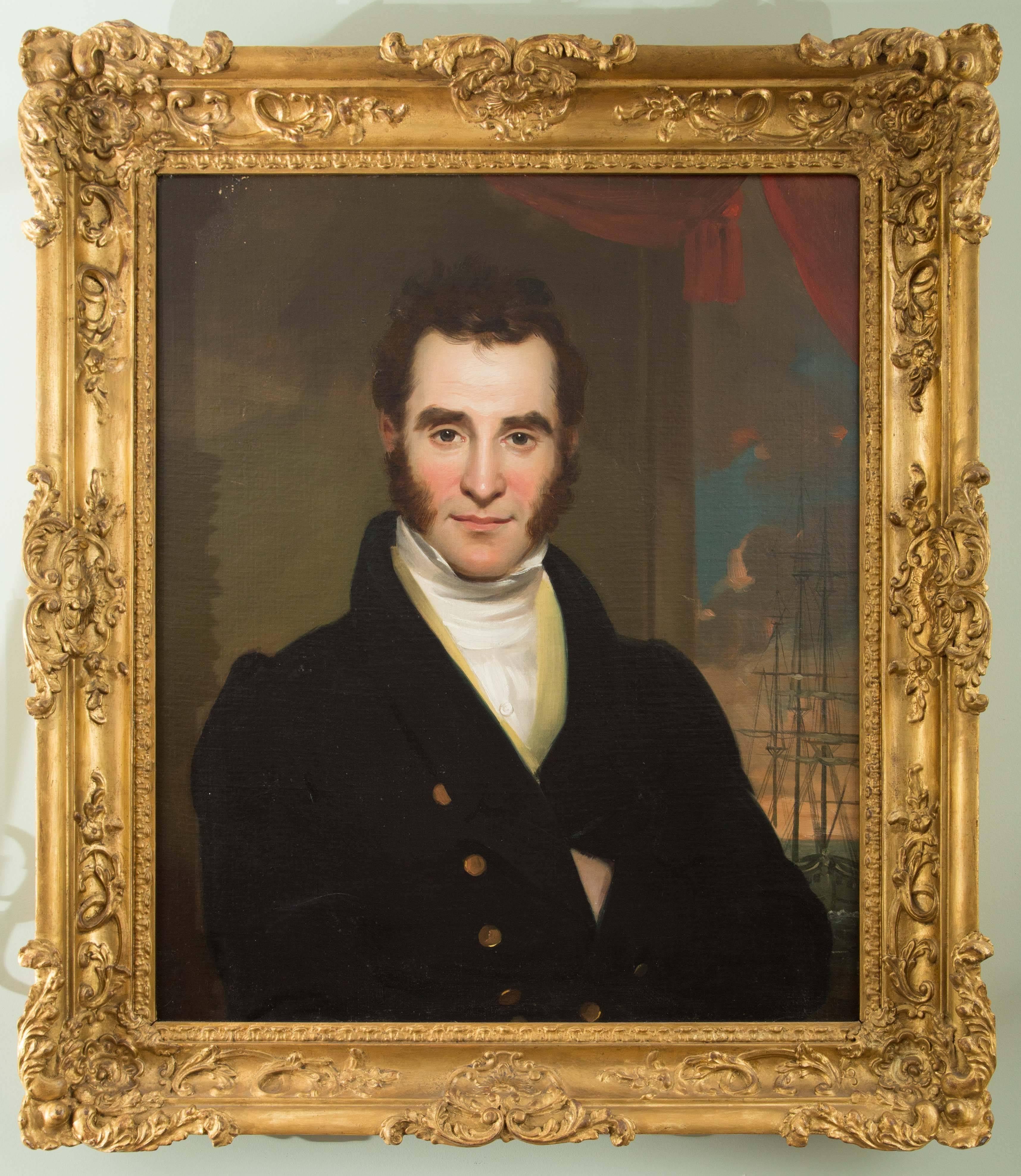 Oil on canvas portrait of a sea captain in original carved gold-leaf frame. Sea captain is seated in front of a window with a view of a harbor and a masted ship.

John Neagle (1796-1865) was born in Boston but spent most of his life in
