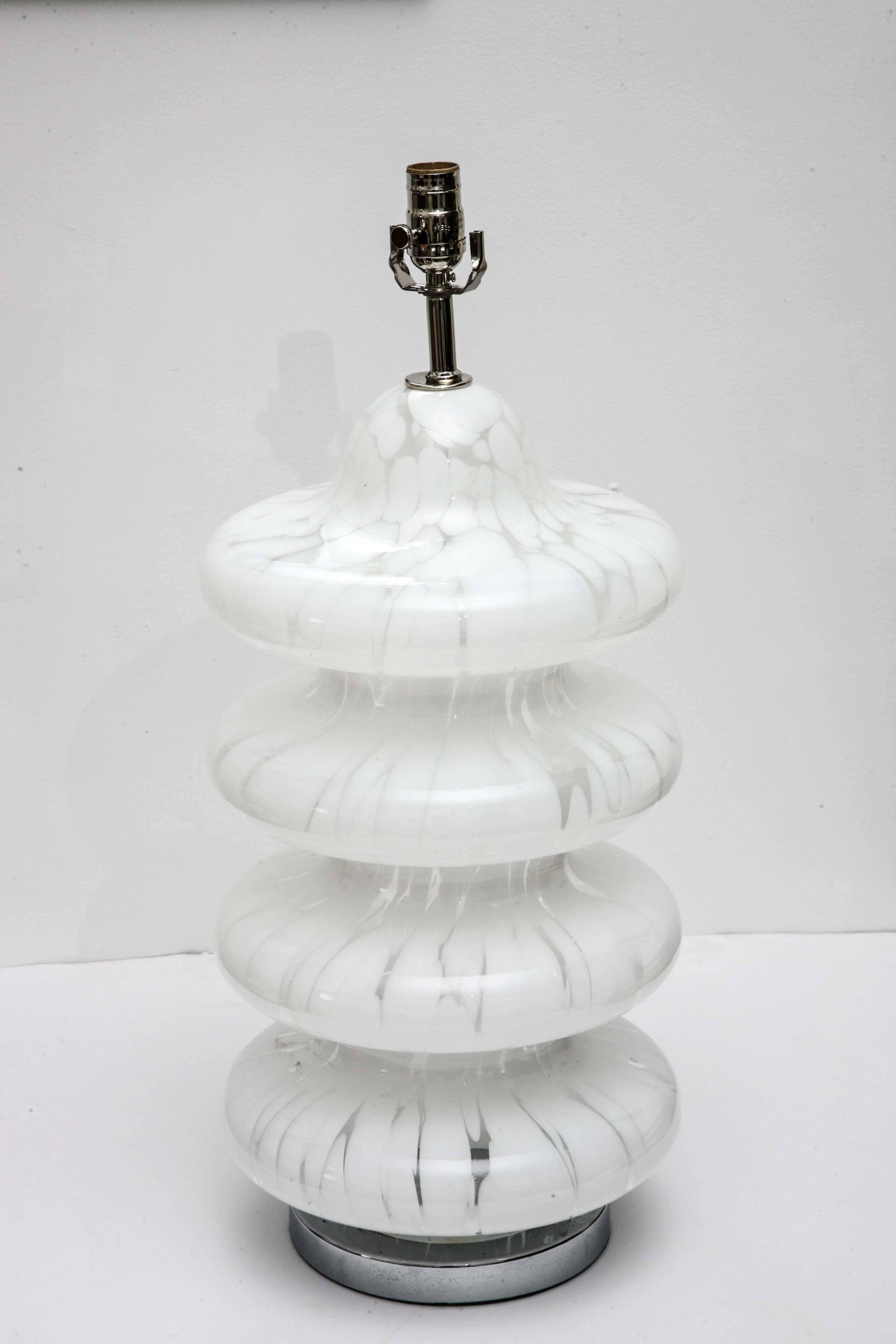 Pair of Murano glass lamps splattered white iconic design by Mazzega.