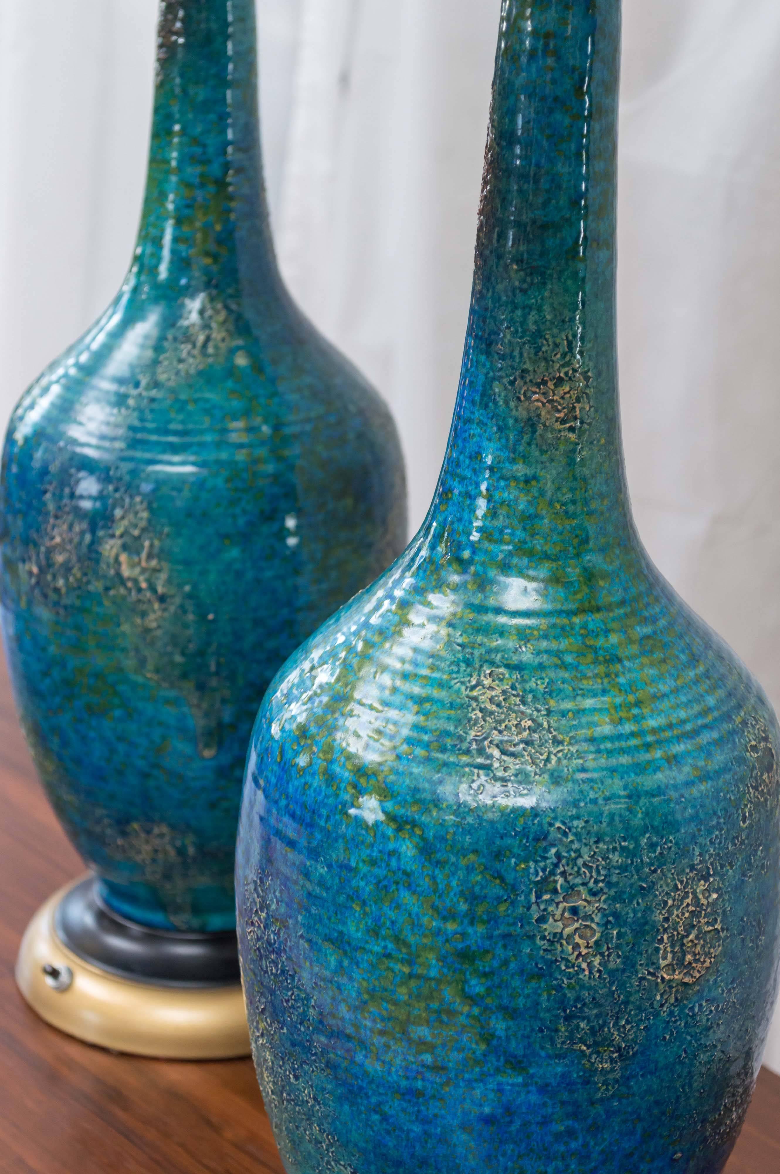Italian Pair of Rimini Blue Ceramic Table Lamps by Bitossi for Raymor