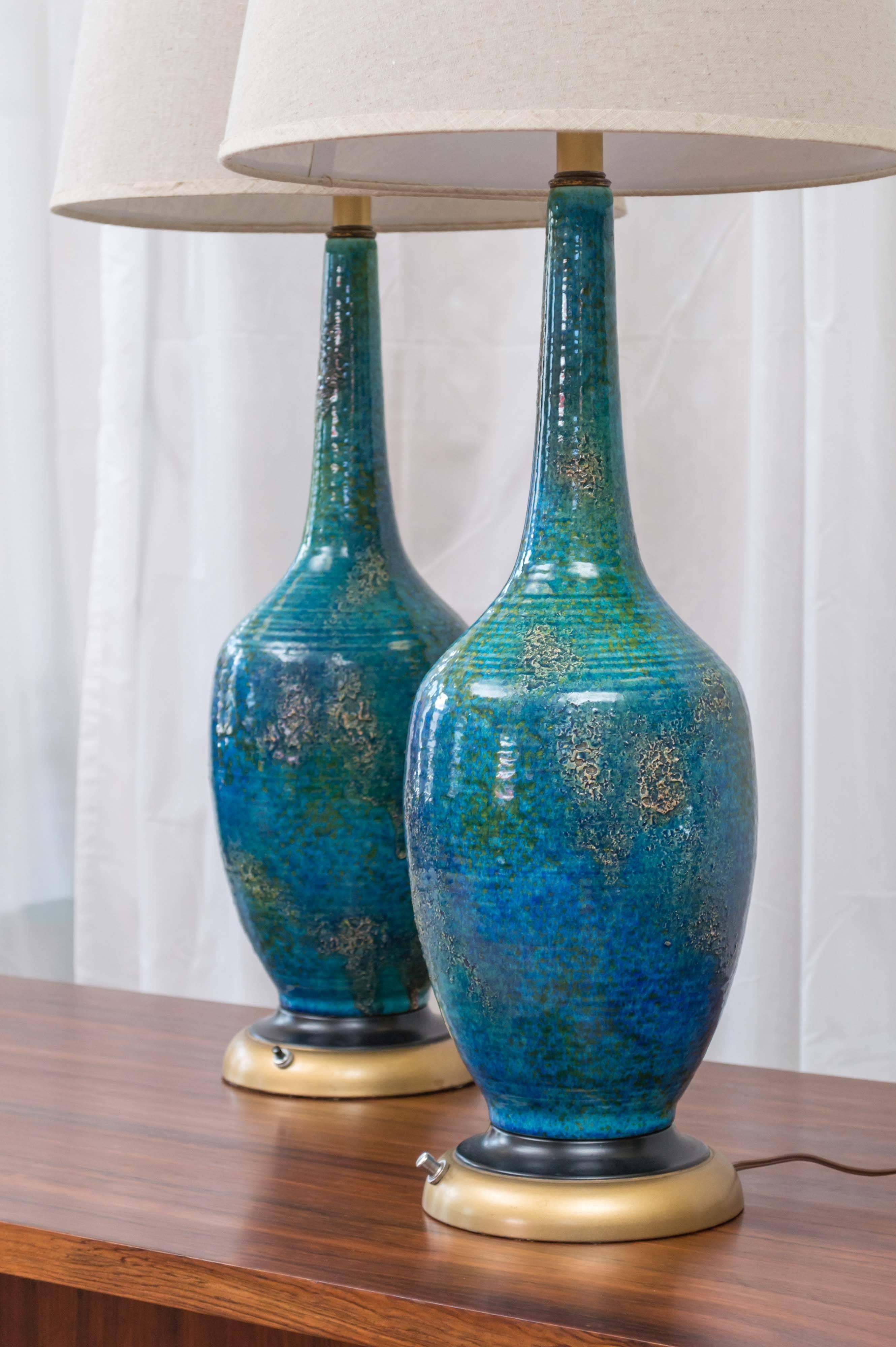 Pair of Rimini Blue Ceramic Table Lamps by Bitossi for Raymor 1