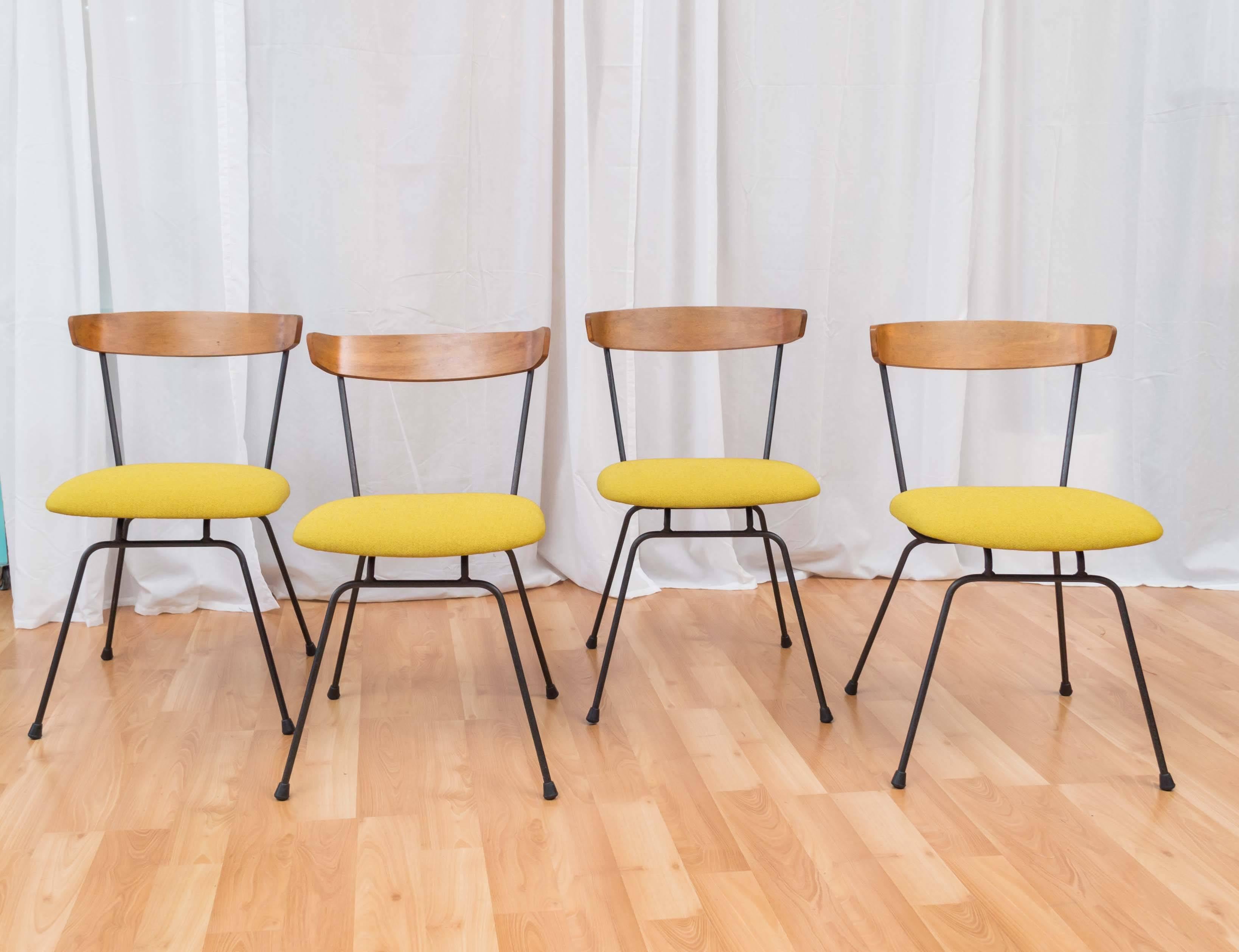 A delightful four-piece set of Model SD3710 iron and bentwood dining chairs with upholstered seats by Clifford Pascoe for Modernmasters.

Barely-there black enameled iron rod frames rest on rubber feet, and support a bentwood ash back and a