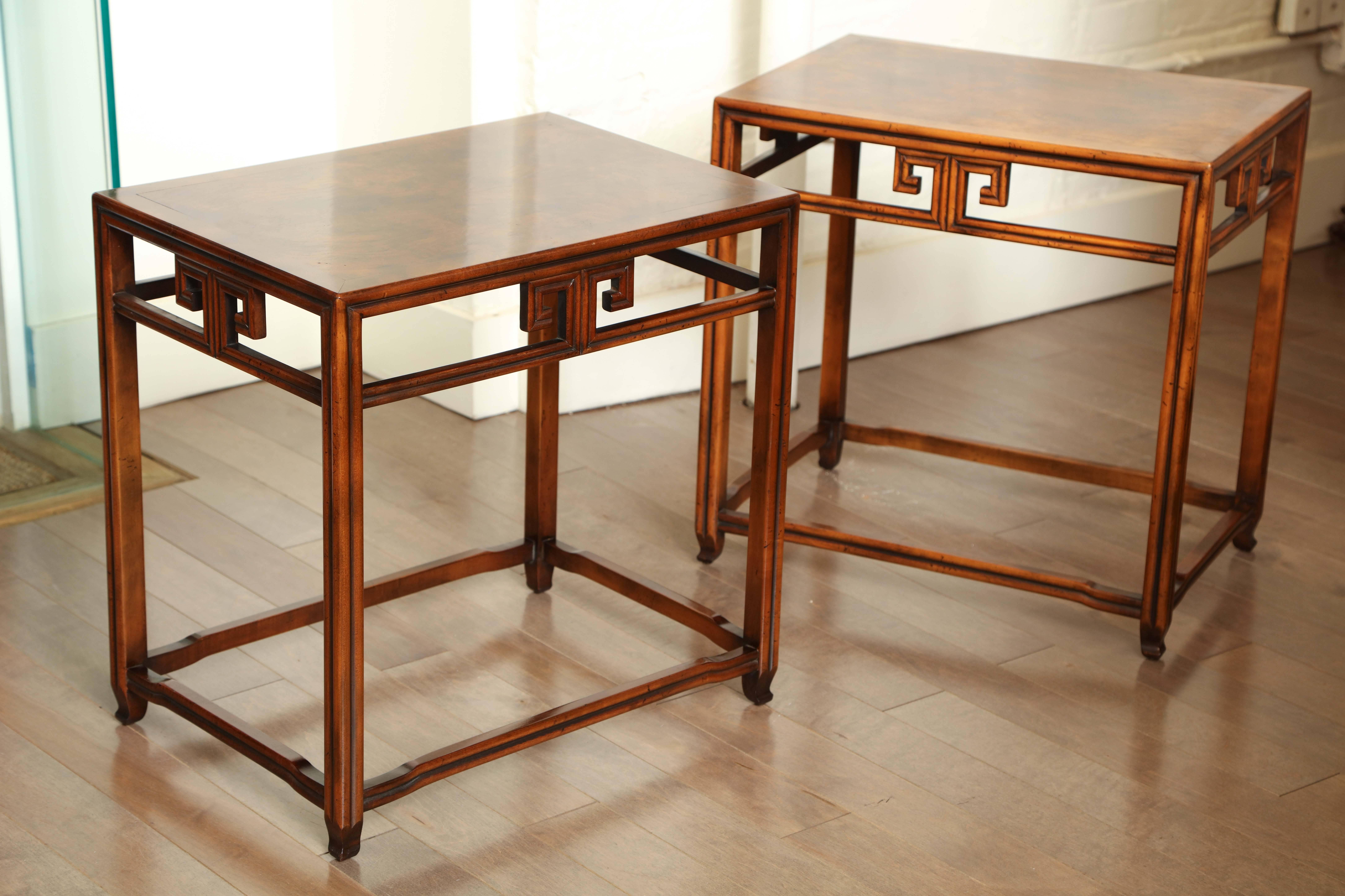 Pair of walnut occasional tables with Greek key design by Michael Taylor for Baker, circa 1970.