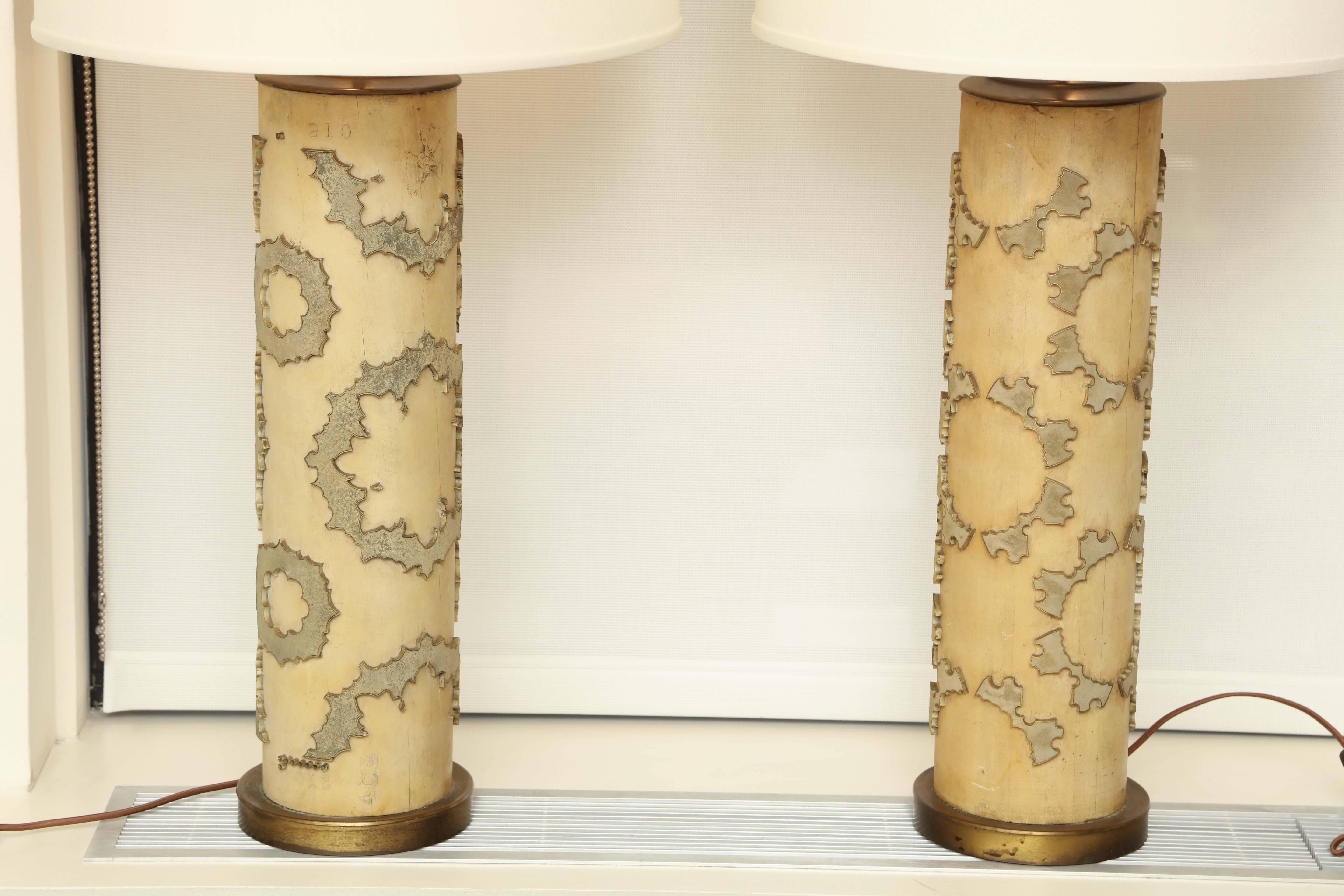 Wood Pair of Pale Green Wallpaper Lamps, circa 1940 For Sale