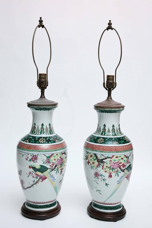 Vintage Chinese Lamps Painted with Parrots at 1stDibs