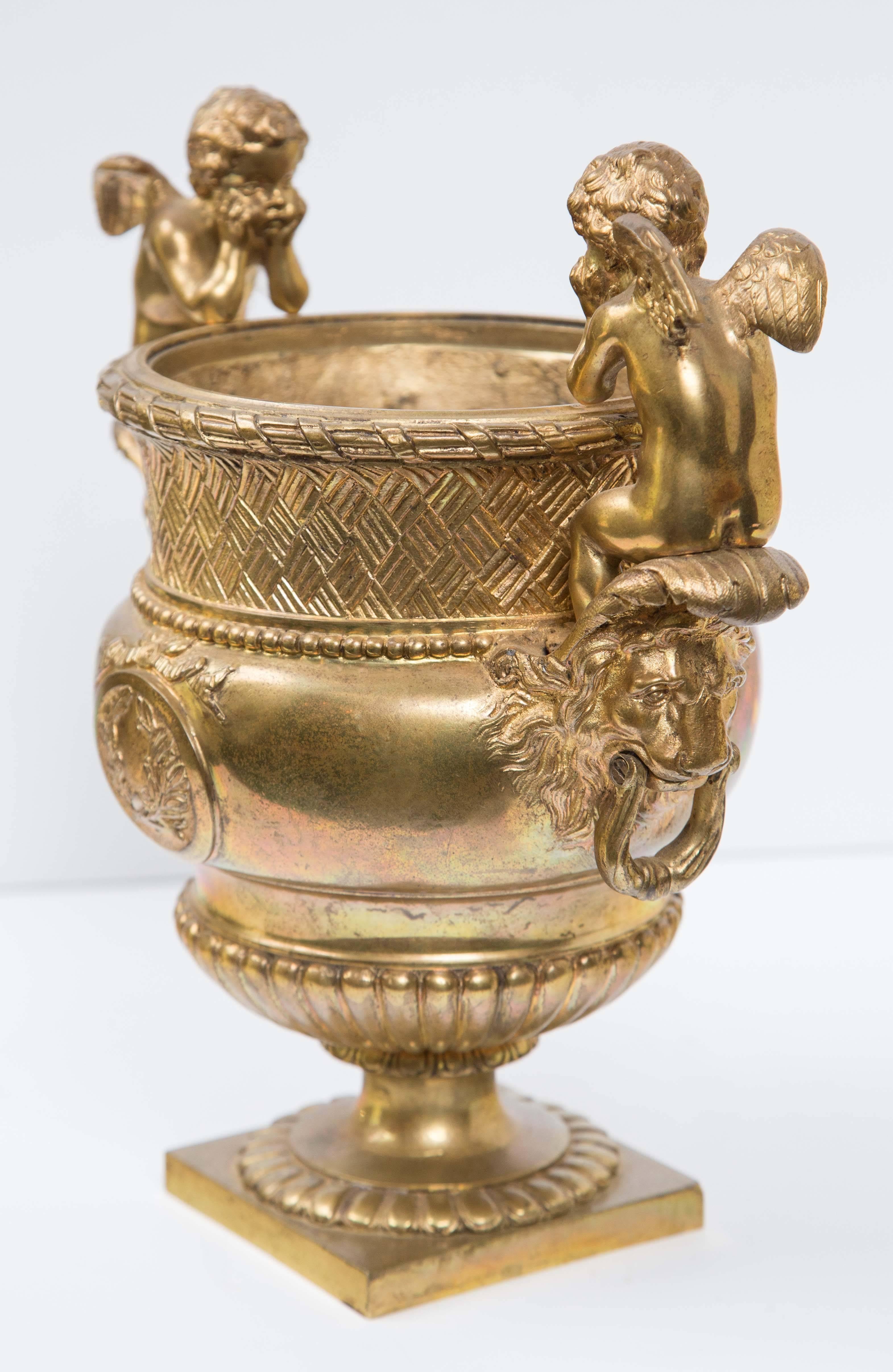 Pair of Antique Gilt Bronze Cachepots In Excellent Condition For Sale In Woodbury, CT