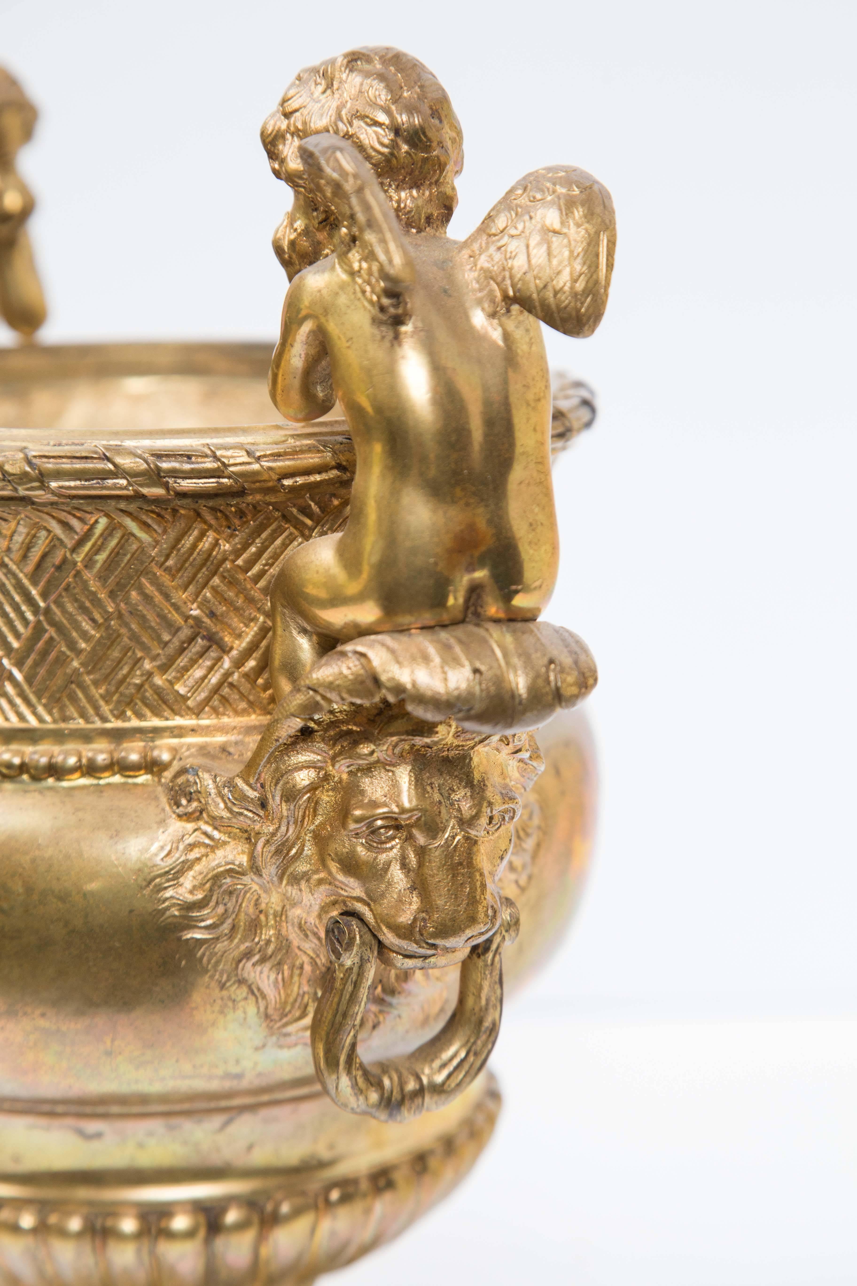 19th Century Pair of Antique Gilt Bronze Cachepots For Sale