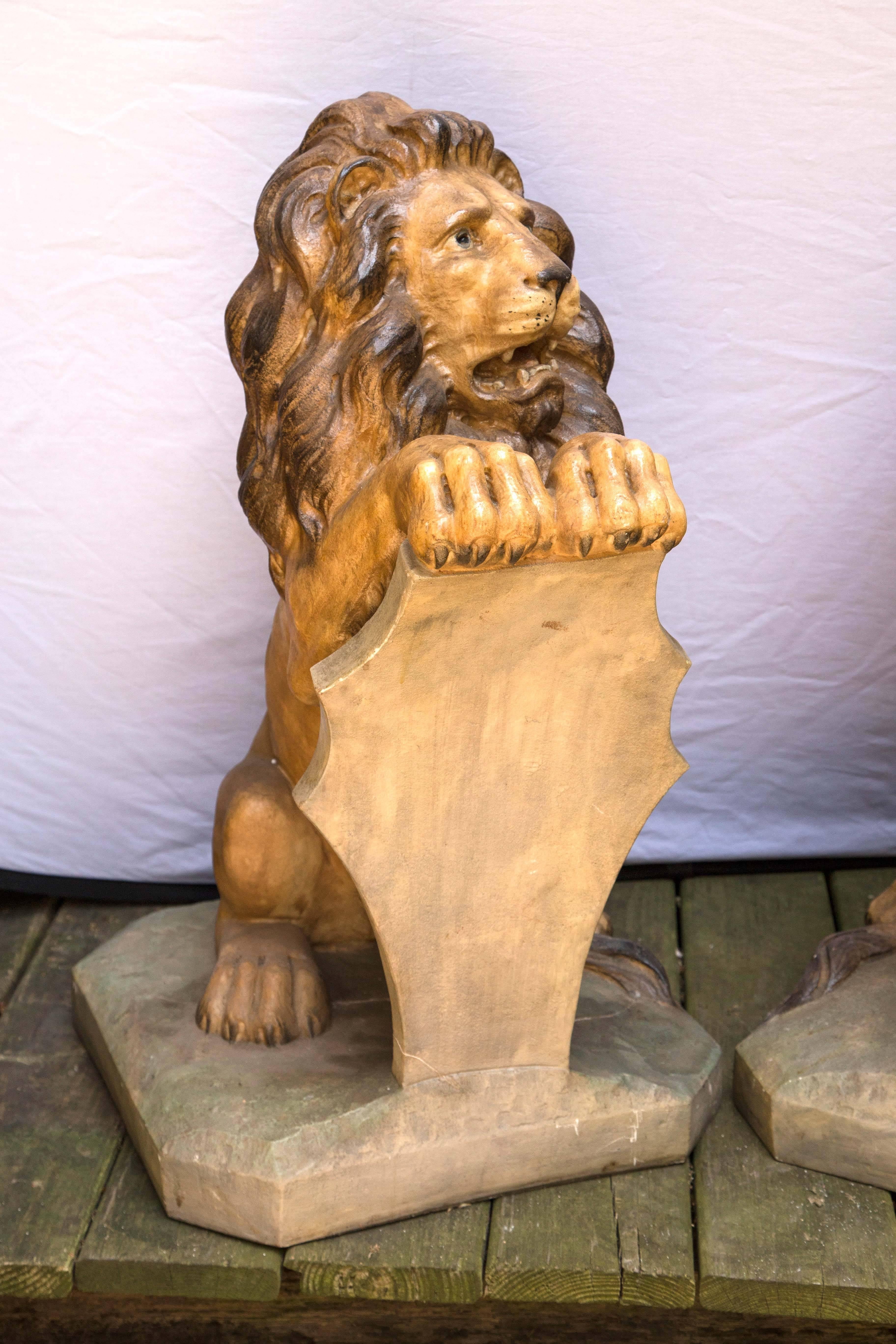 American Pair of Painted Lions in Cast Stone For Sale
