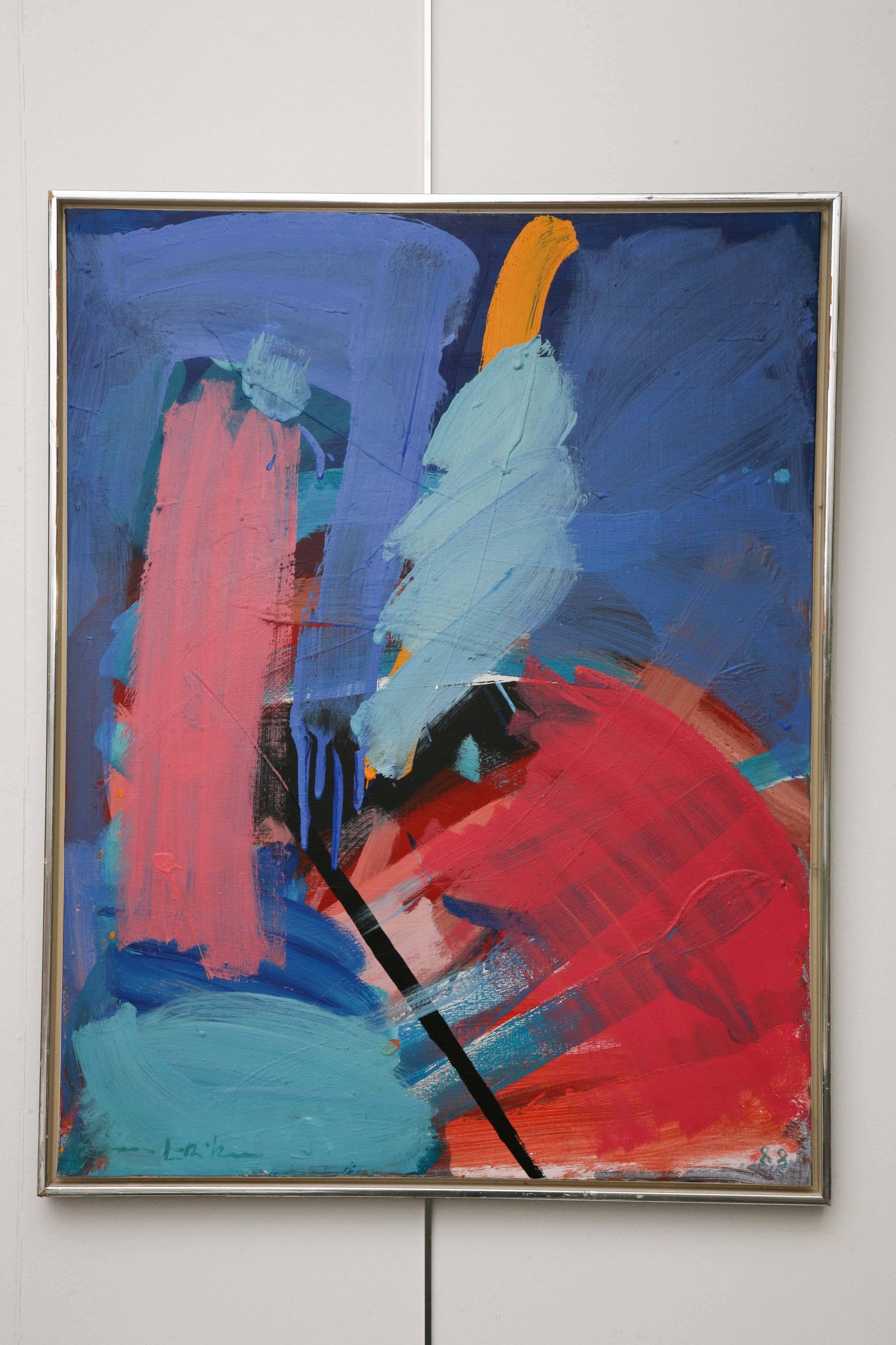 Danish abstract composition oil on canvas by Bjorn Erickson, 1988.
Signed on front of canvas and original silver frame
Measures: 29in W x 36.75 in H x 2 in D.
