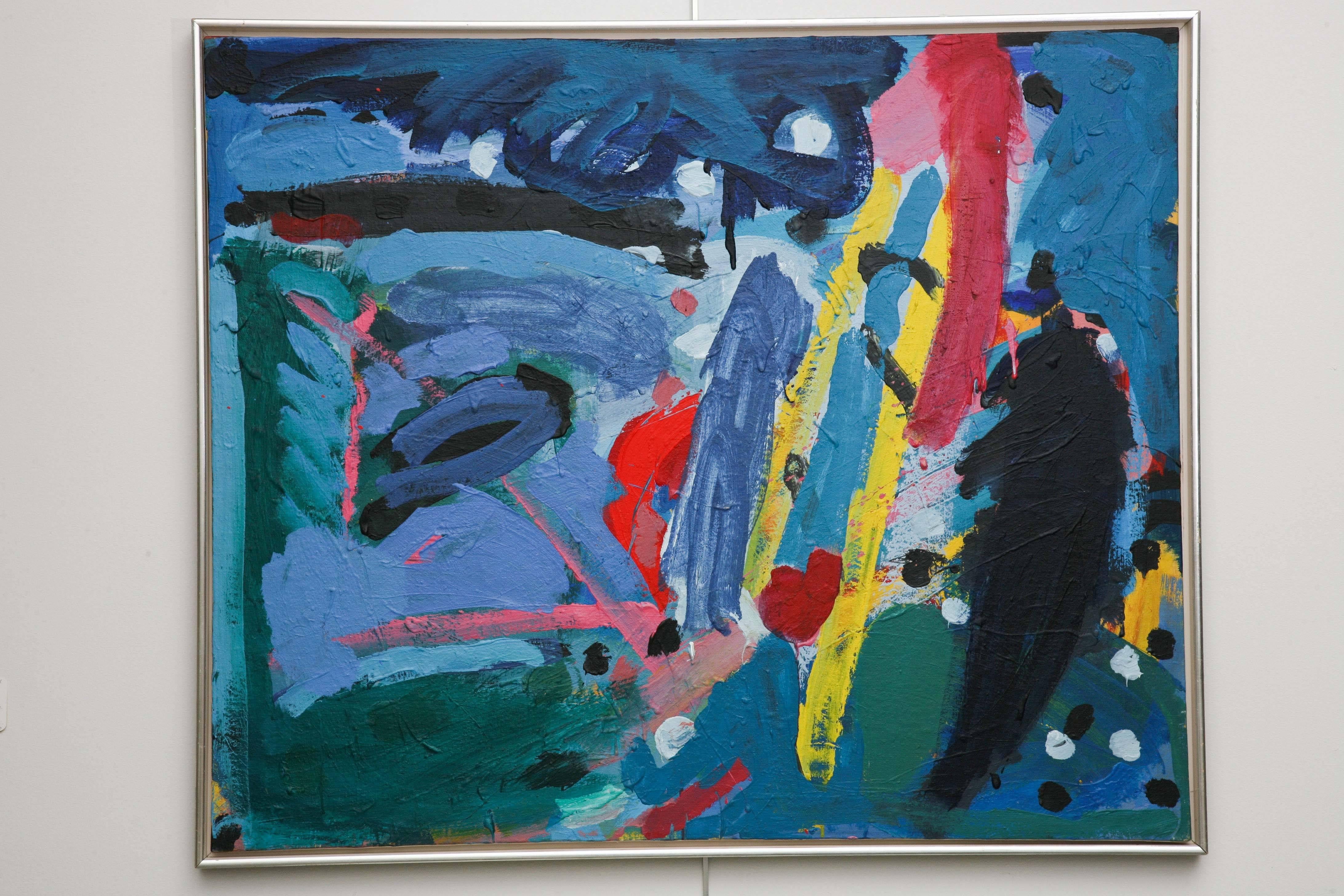 Scandinavian Modern Danish Abstract Composition Acrylic on Canvas by Bjorn Erickson, 1988 For Sale