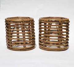 Pair of Round Rattan Ottomans