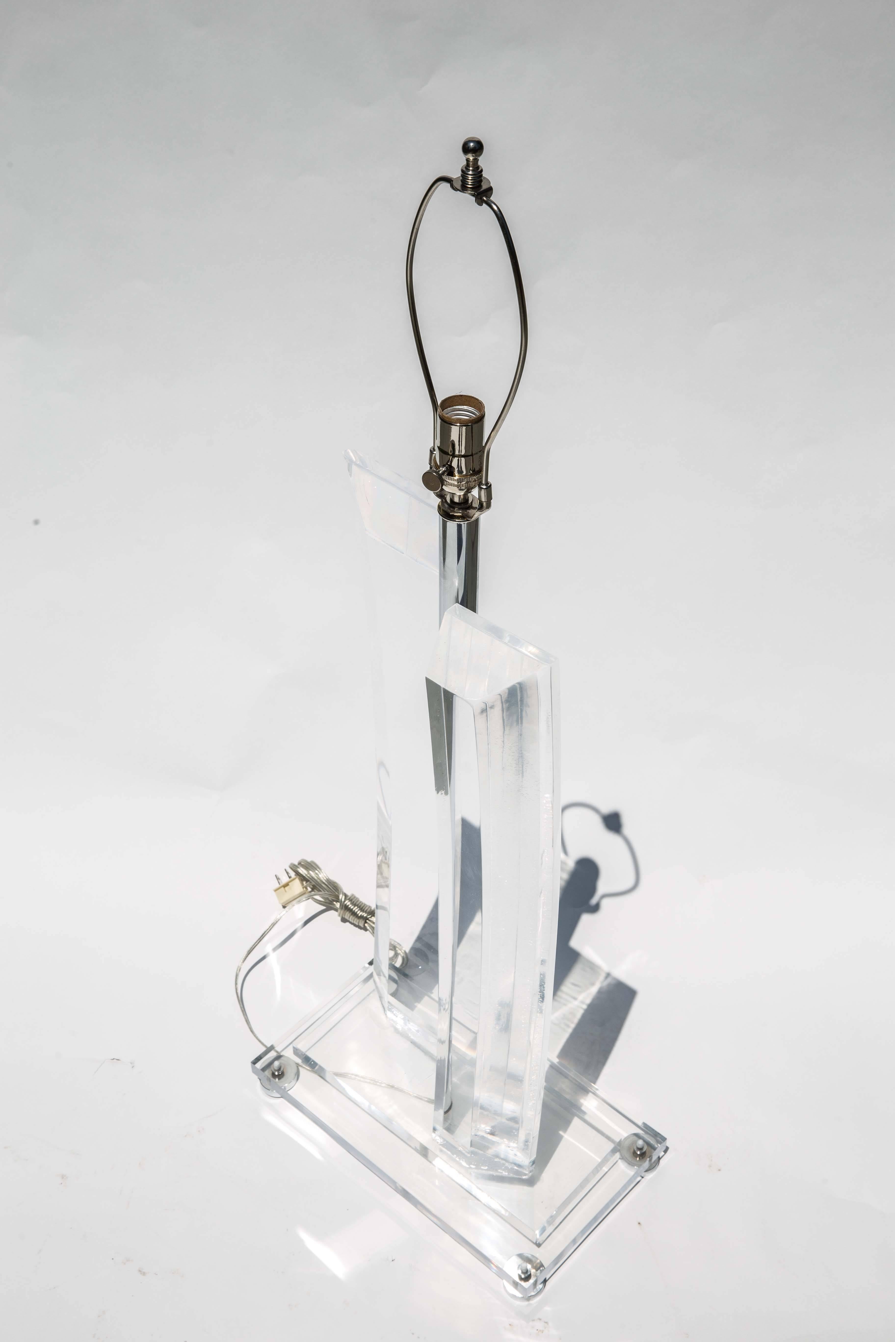 American Pair of Tall Faceted Lucite Lamps with Nickel Details