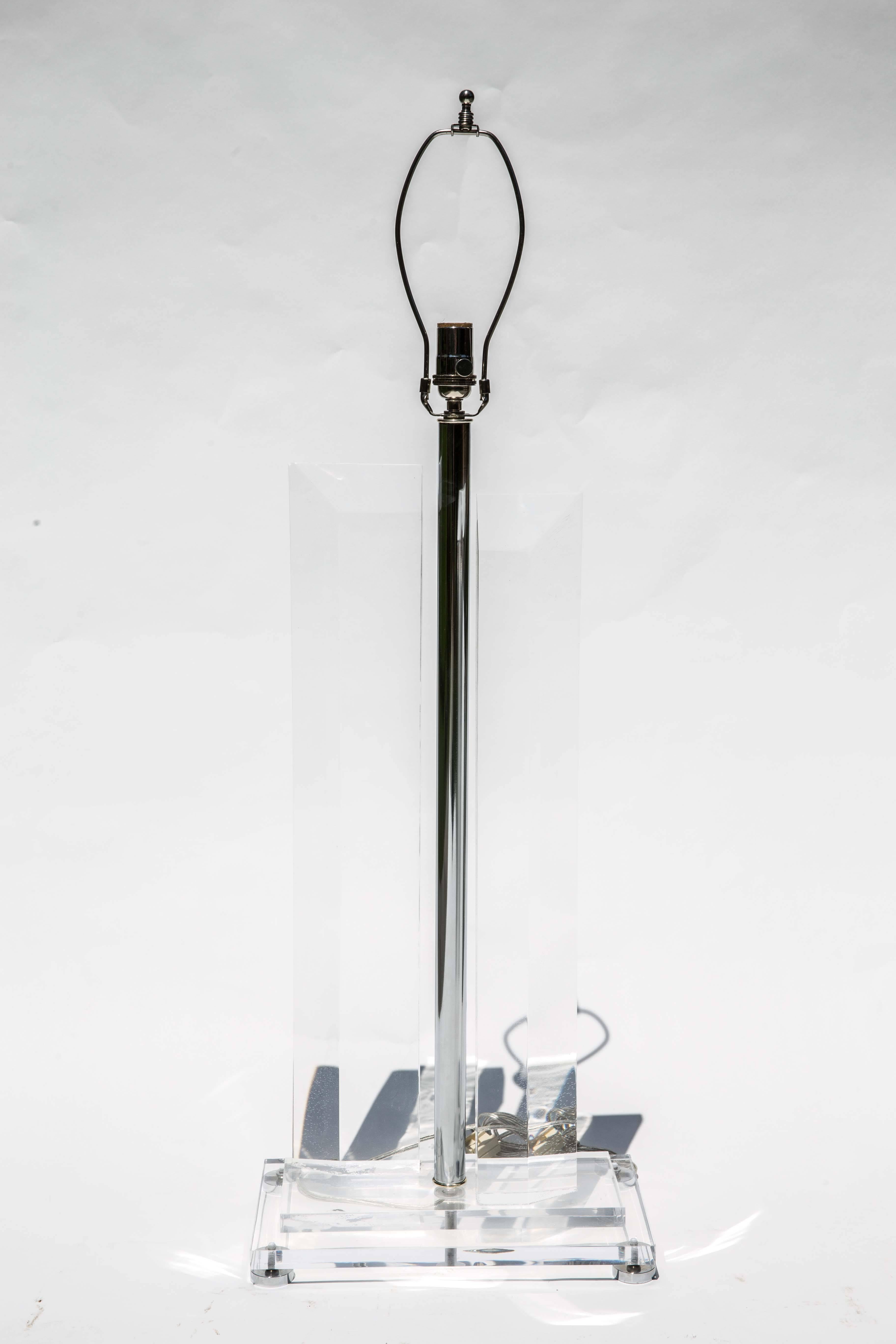 20th Century Pair of Tall Faceted Lucite Lamps with Nickel Details