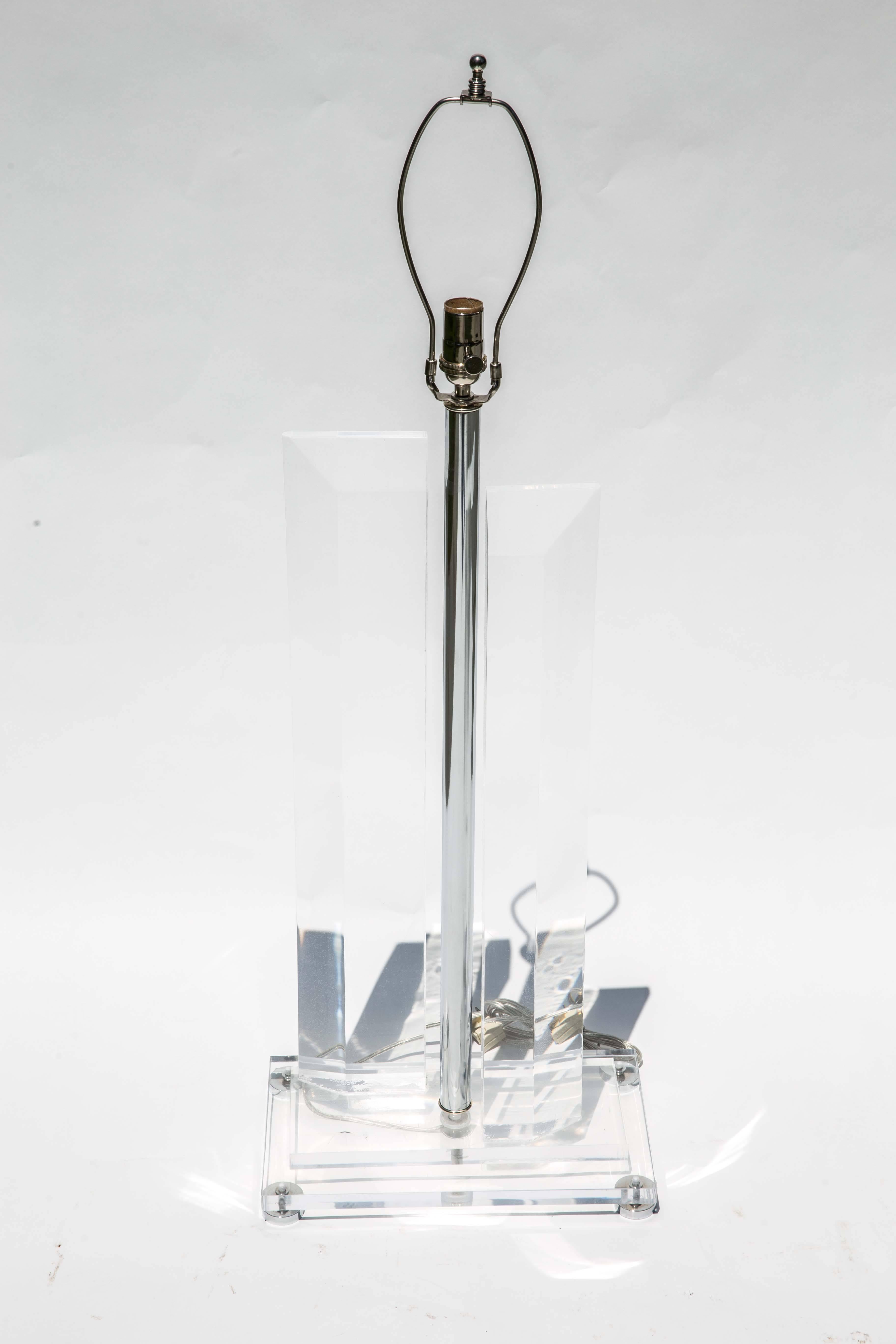 Pair of Tall Faceted Lucite Lamps with Nickel Details 1