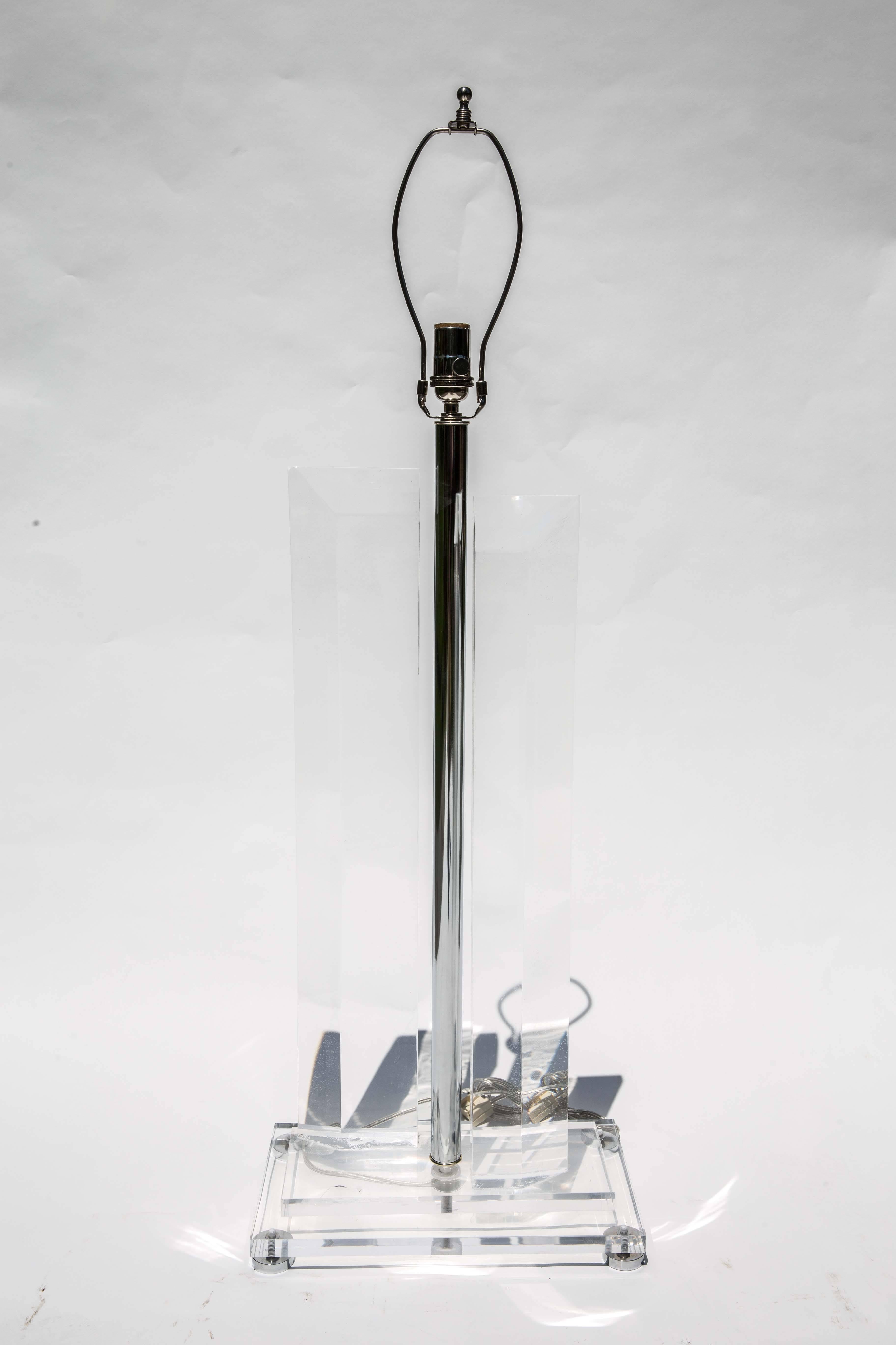 Pair of Tall Faceted Lucite Lamps with Nickel Details 2