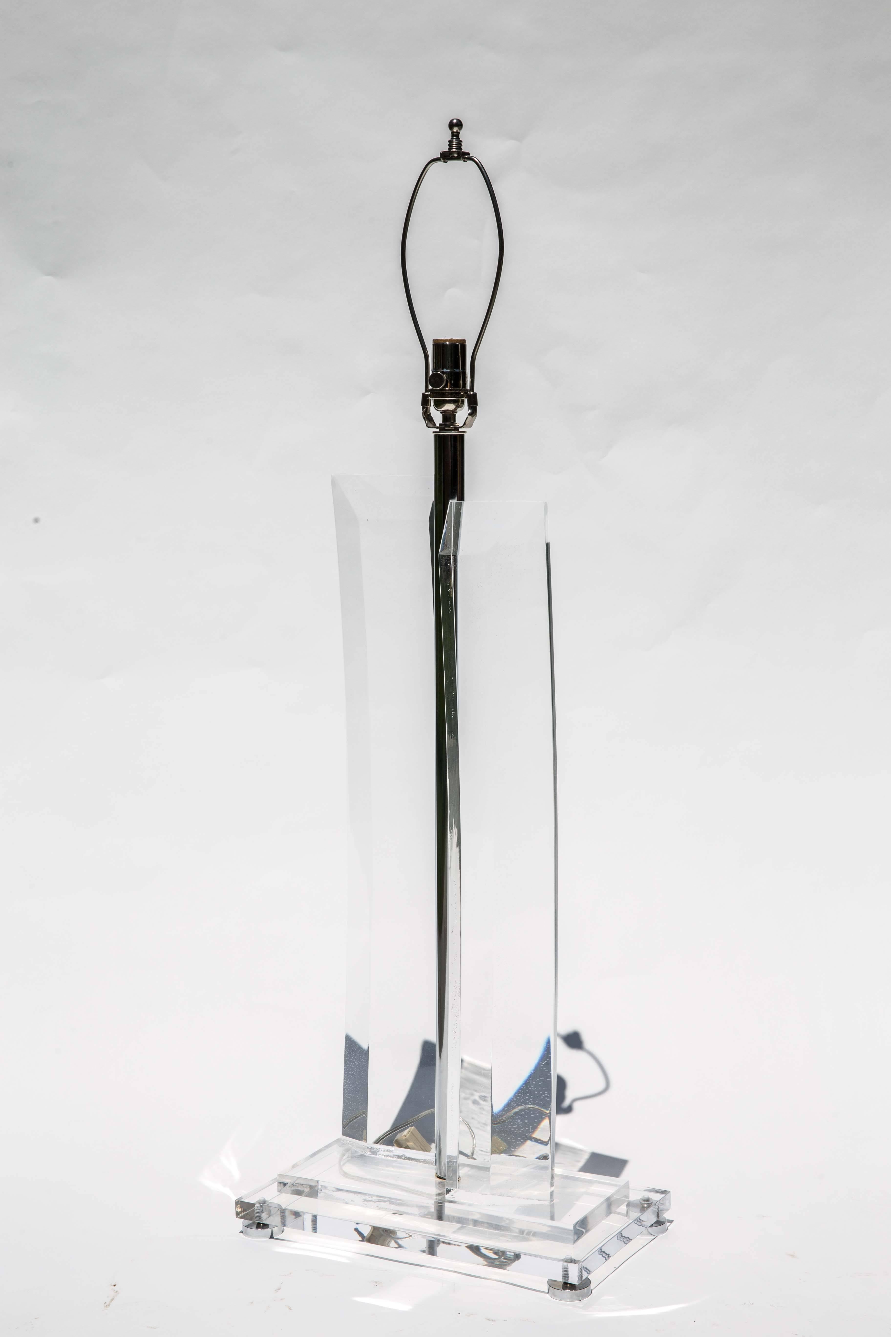 Pair of Tall Faceted Lucite Lamps with Nickel Details 4